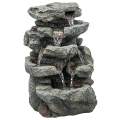 Outsunny Outdoor Fountain with 6-Tier Rock Design, Waterfall Feature with LED Lights, Resin Freestanding Garden Fountain, Grey