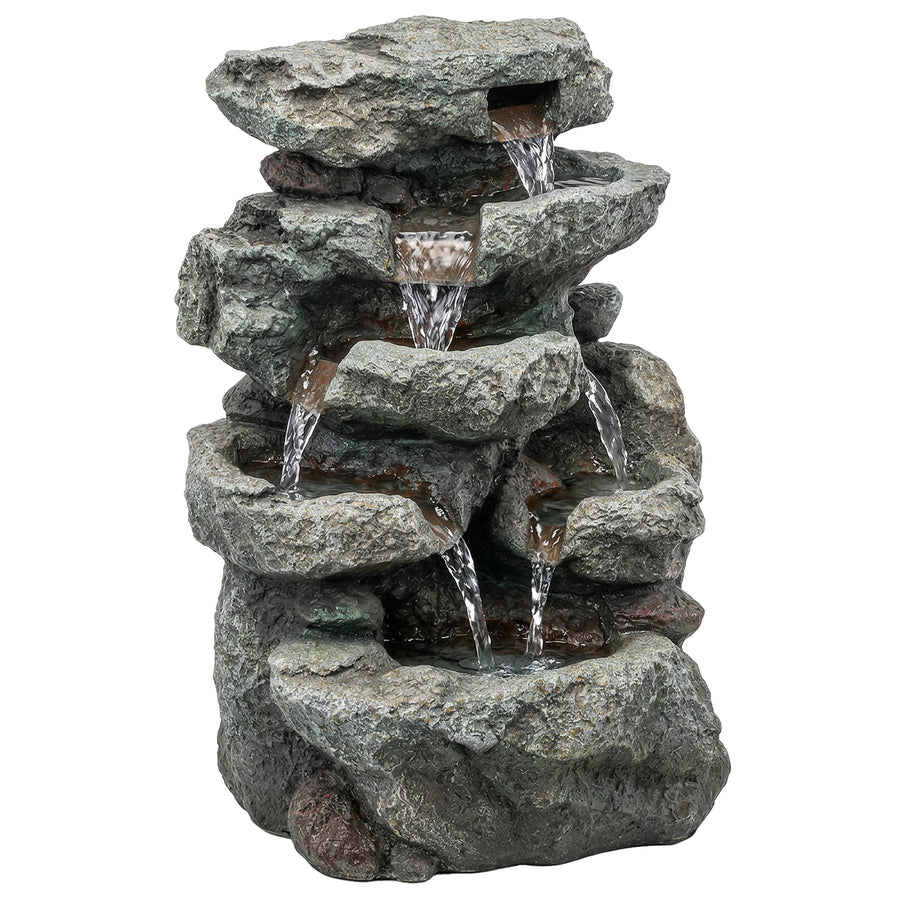 Outsunny Outdoor Fountain with 6-Tier Rock Design, Waterfall Feature with LED Lights, Resin Freestanding Garden Fountain, Grey