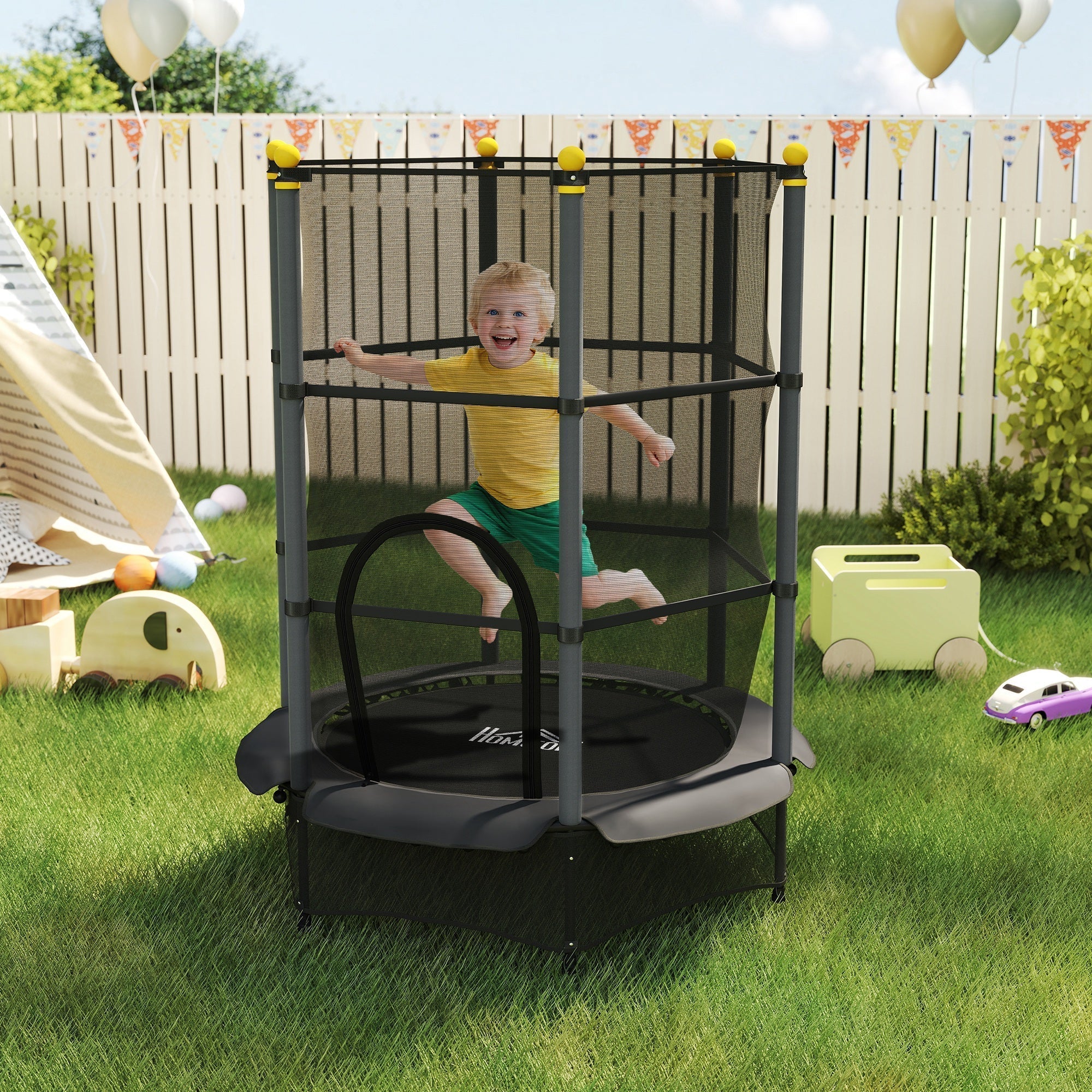 HOMCOM 4.6FT/55" Kids Trampoline with Safety Enclosure, Outdoor Indoor Use, for Ages 3-10 Years, Black