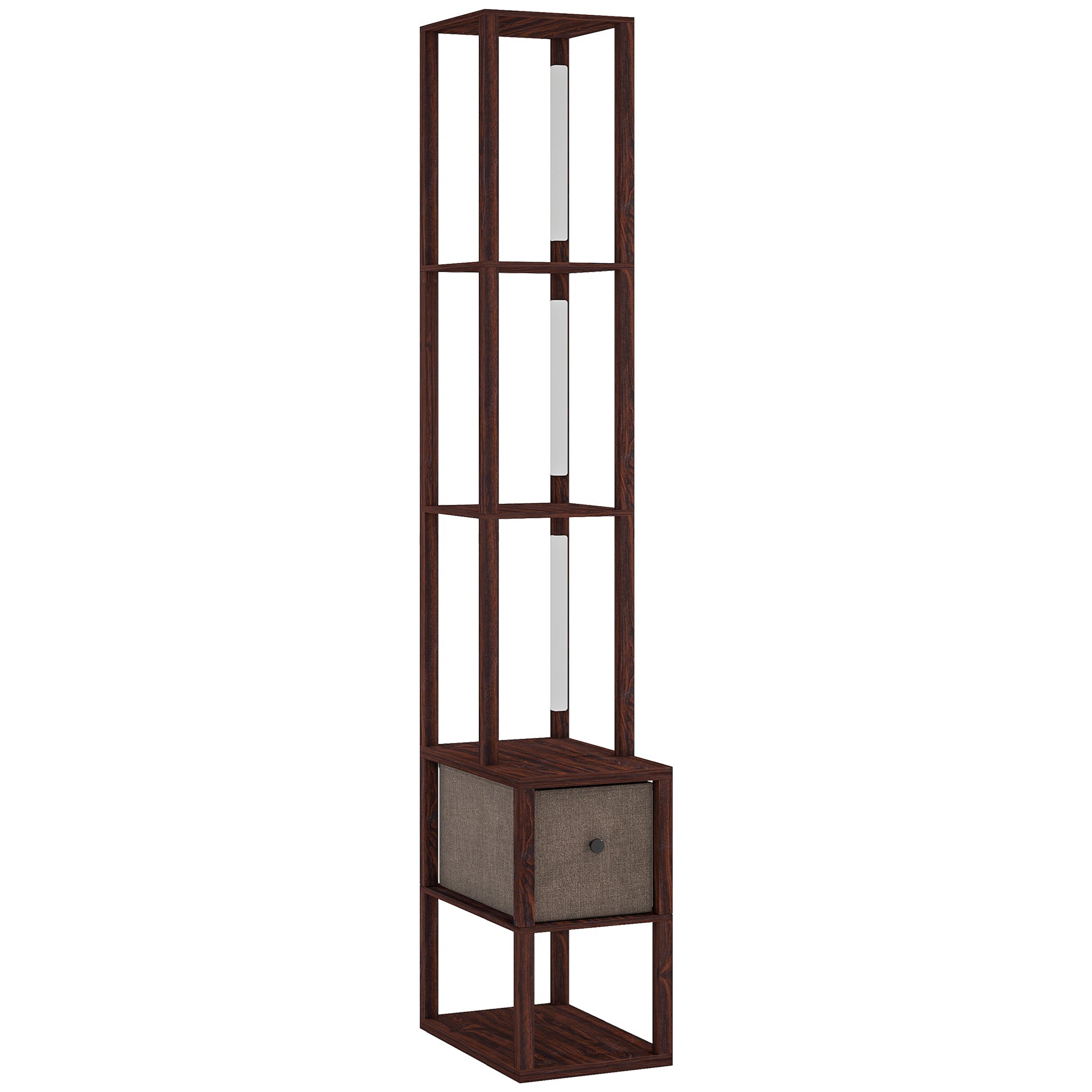 HOMCOM Floor Lamp with Shelves, LED Column Modern Standing Lamp with Fabric Drawer, Adjustable Brightness, Foot Switch for Living Room, Bedroom, Office, Dark Brown