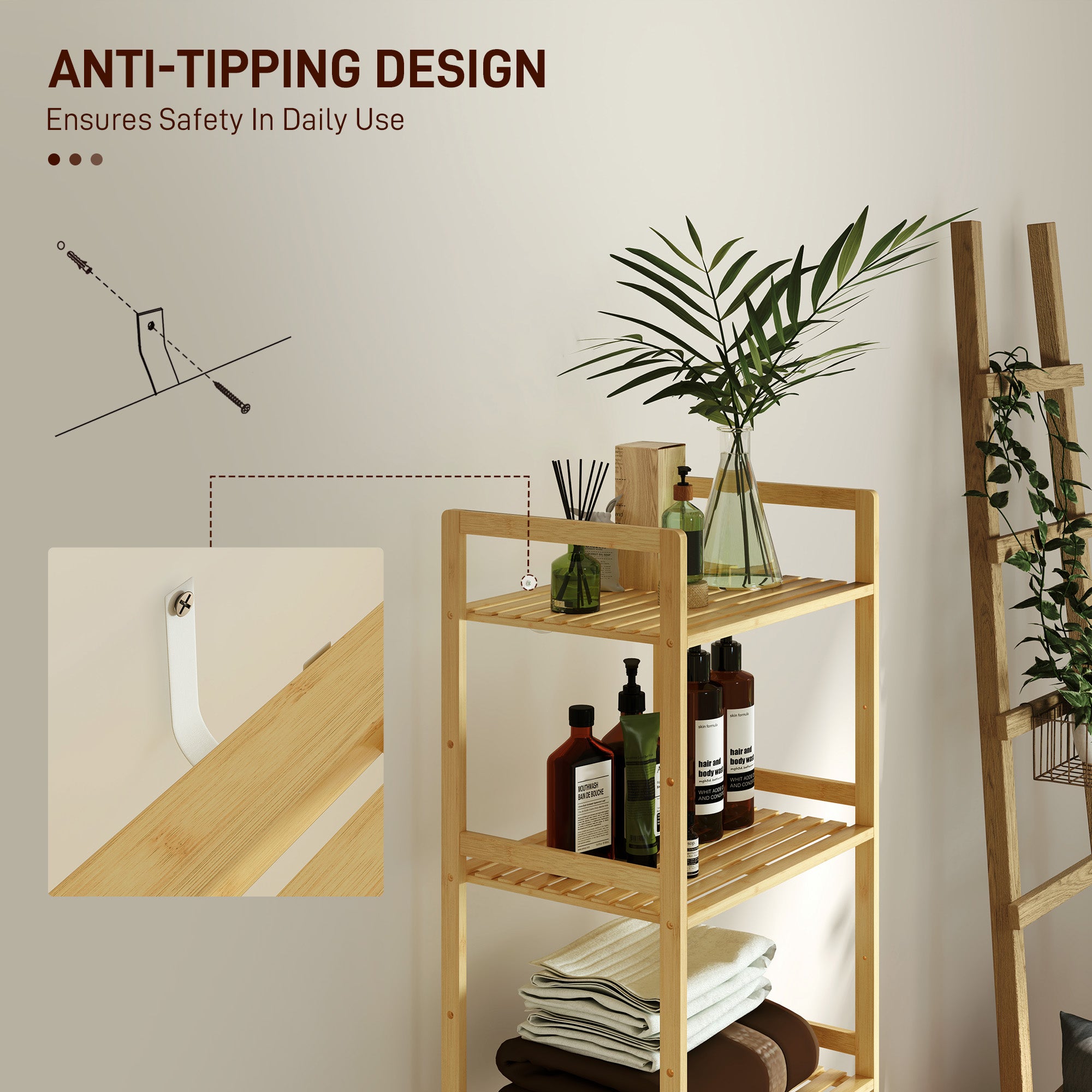 HOMCOM 5-Tier Bamboo Bathroom Storage Shelf, Freestanding Shelving Unit with Adjustable Rack for Kitchen Bathroom Living Room, Natural Wood Finish