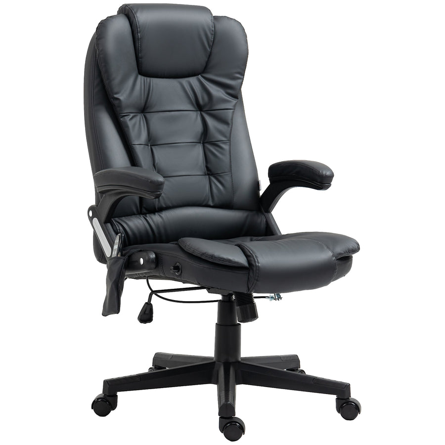 HOMCOM 6-Point Massage Office Chair with Seat Heated for Home Office, PU Leather High Back Executive Desk Chair with Adjustable Height and 360 Swivel for Work Study, Black