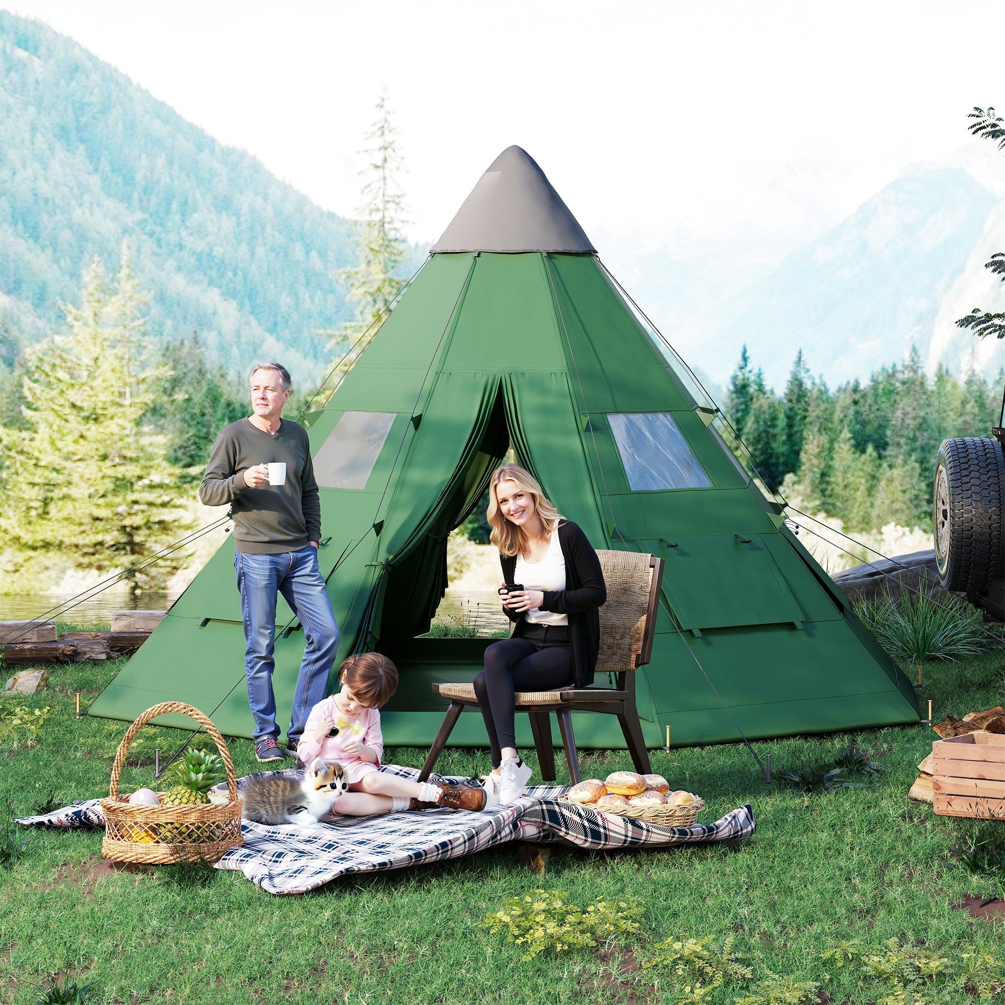 Outsunny 6 Men Tipi Tent with Carry Bag - Green