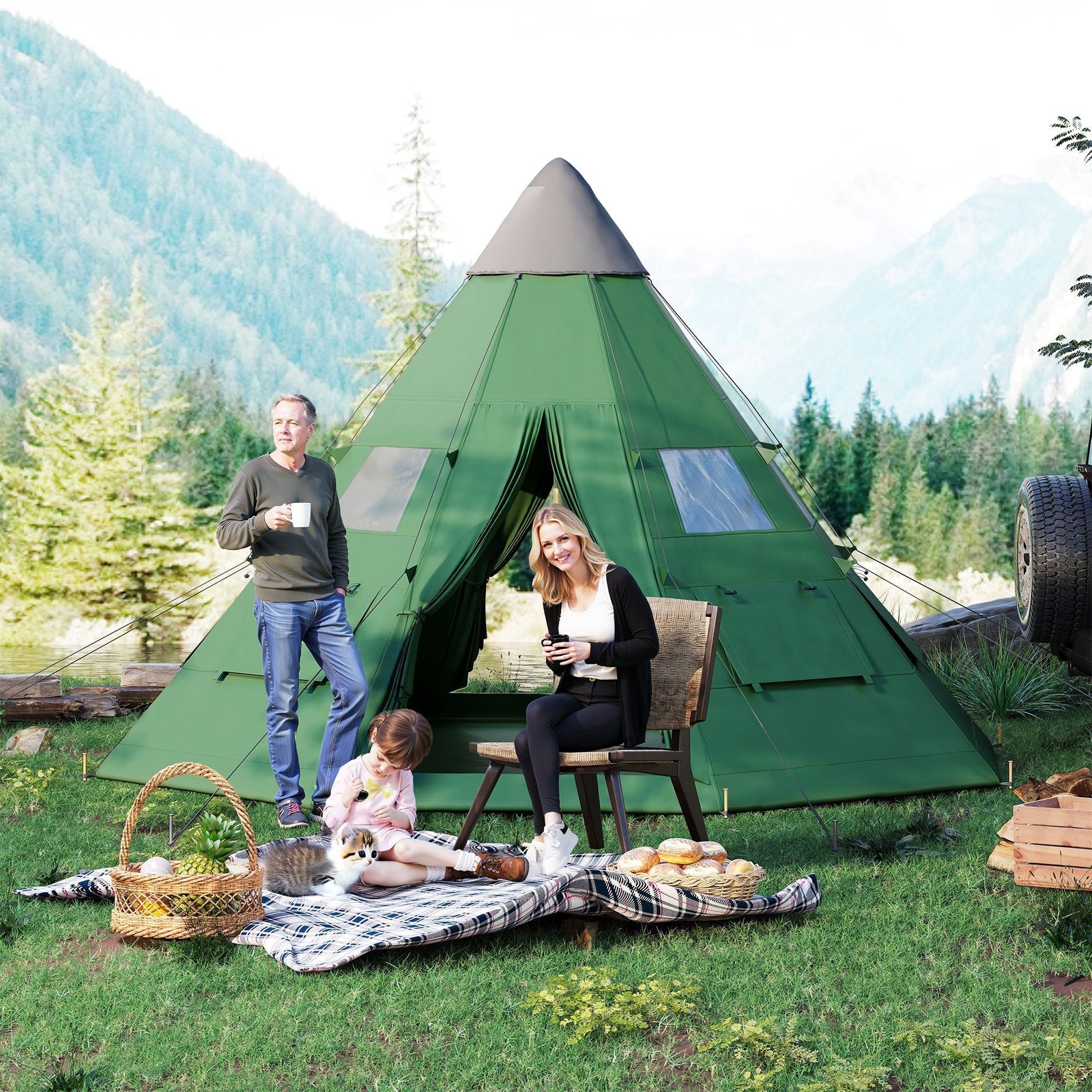 Outsunny 6 Men Tipi Tent with Carry Bag - Green