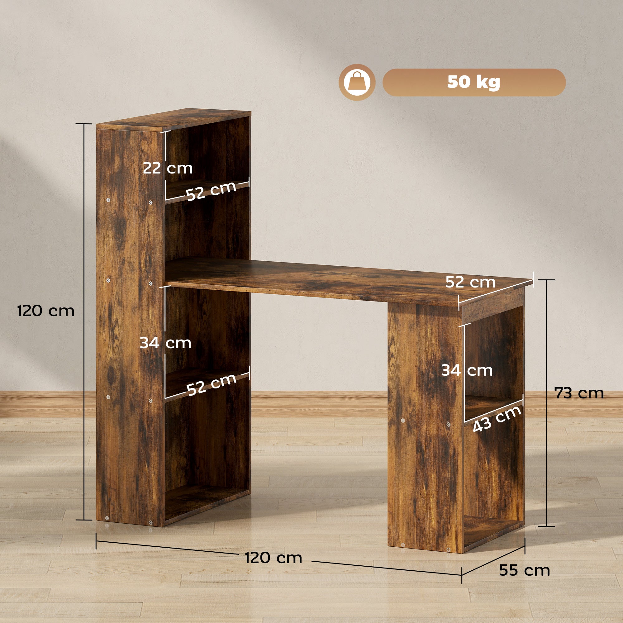 HOMCOM 120cm Computer Desk, Wooden PC Laptop Table with 6-Tier Storage Bookshelves, Home Office Working Study Desk, Writing Workstation, Rustic Brown Wood-Effect