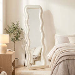 HOMCOM Full Length Mirror, 160 x 60 cm Wavy Full Body Wall Standing Mirror with Velvet Frame and Tempered Glass, Cream White