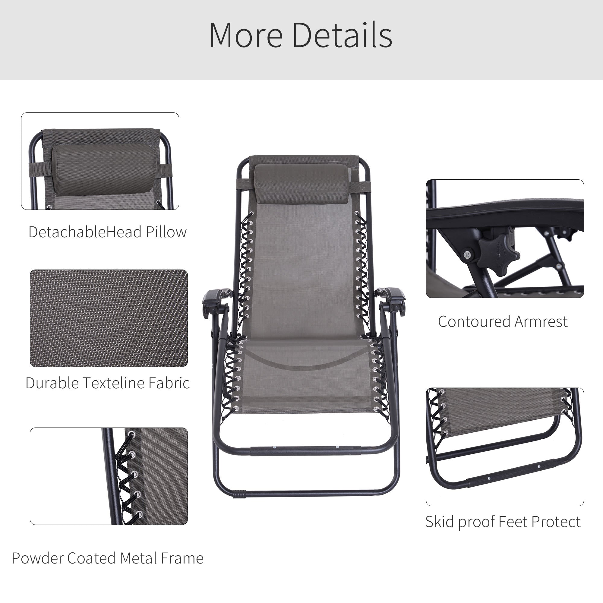 Outsunny Zero Gravity Chair Set of 2, Metal Frame Texteline Armchair Outdoor Folding and Reclining Sun Lounger with Head Pillow for Patio Decking Gardens Camping, Grey