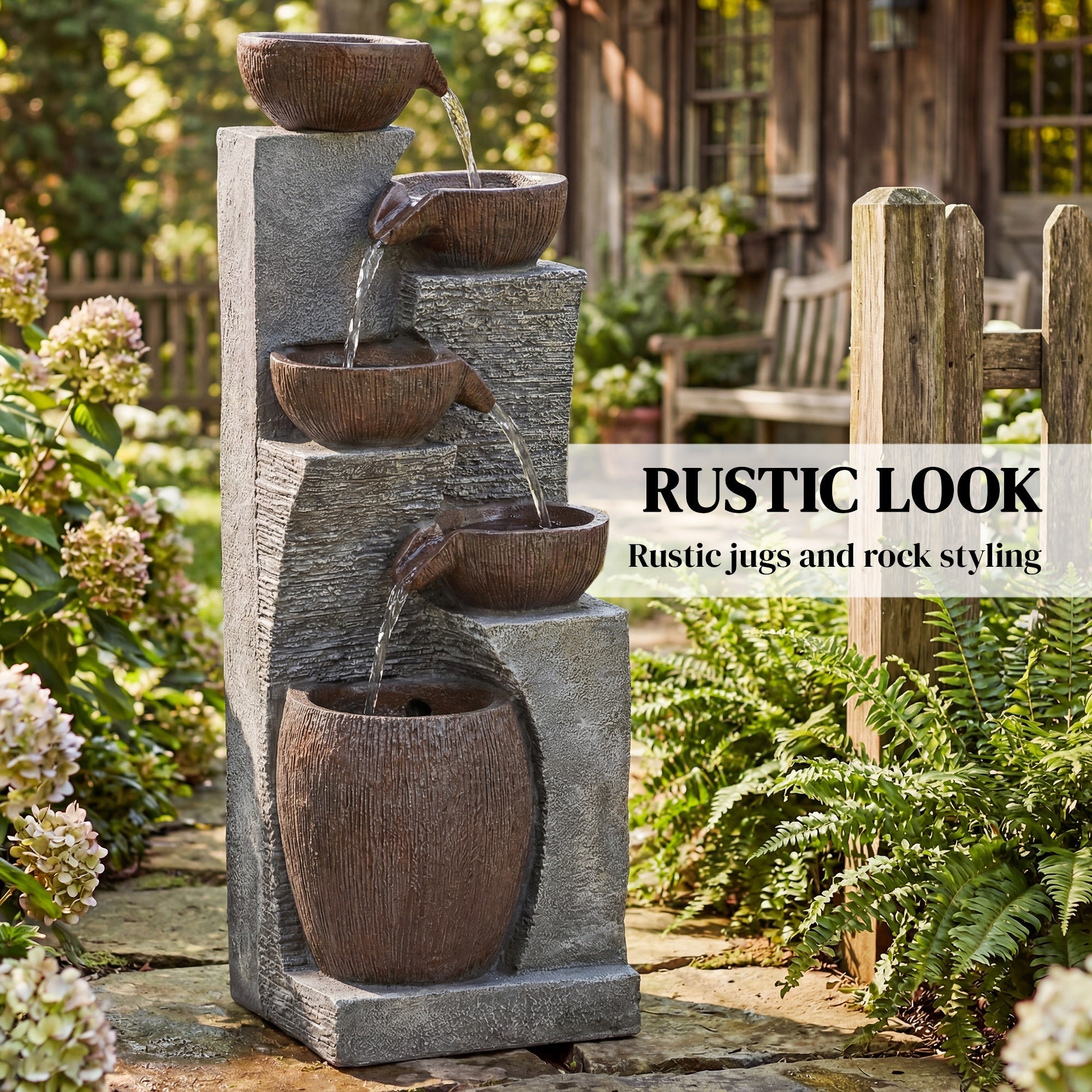 Outsunny Outdoor Fountain with 5-Tier, Garden Fountain with LED Lights, Adjustable Flow, Grey and Rustic Brown