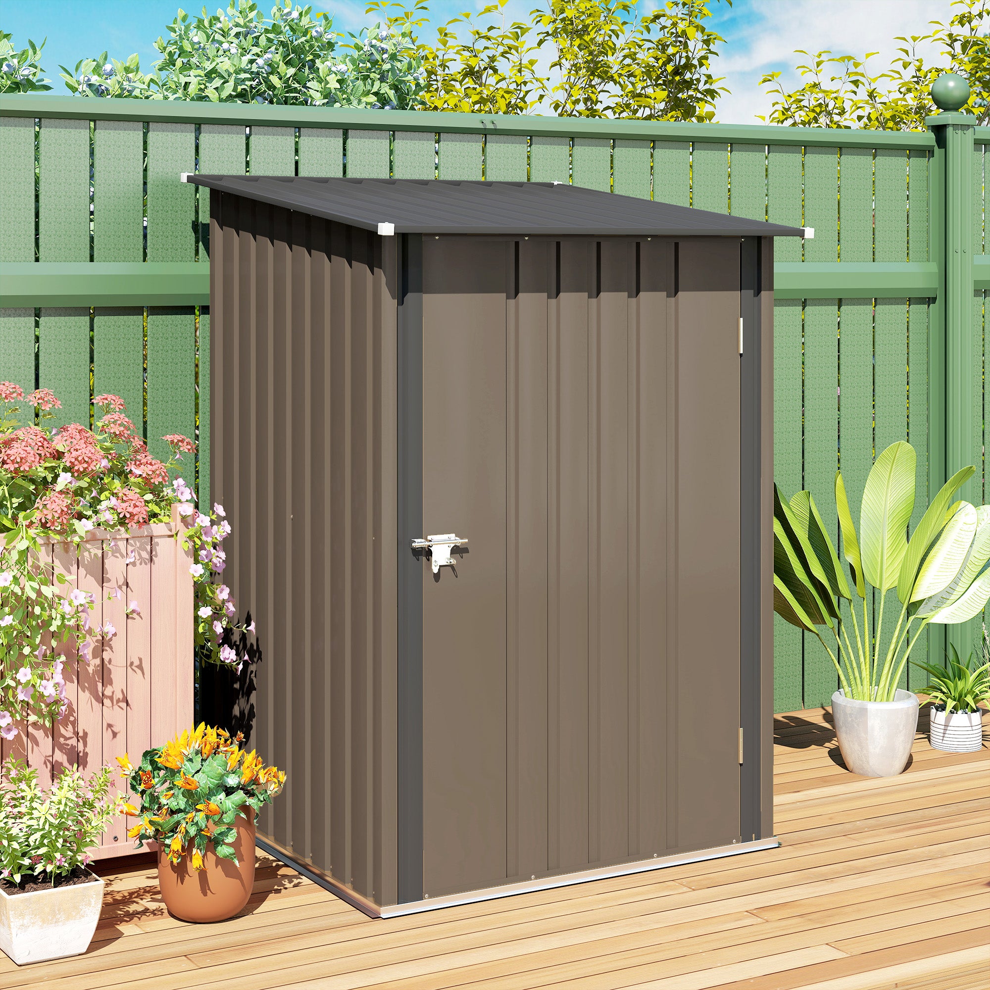 Outsunny 3.3 x 3.4ft Lean To Steel Garden Shed, with Locking Door - Brown/Grey