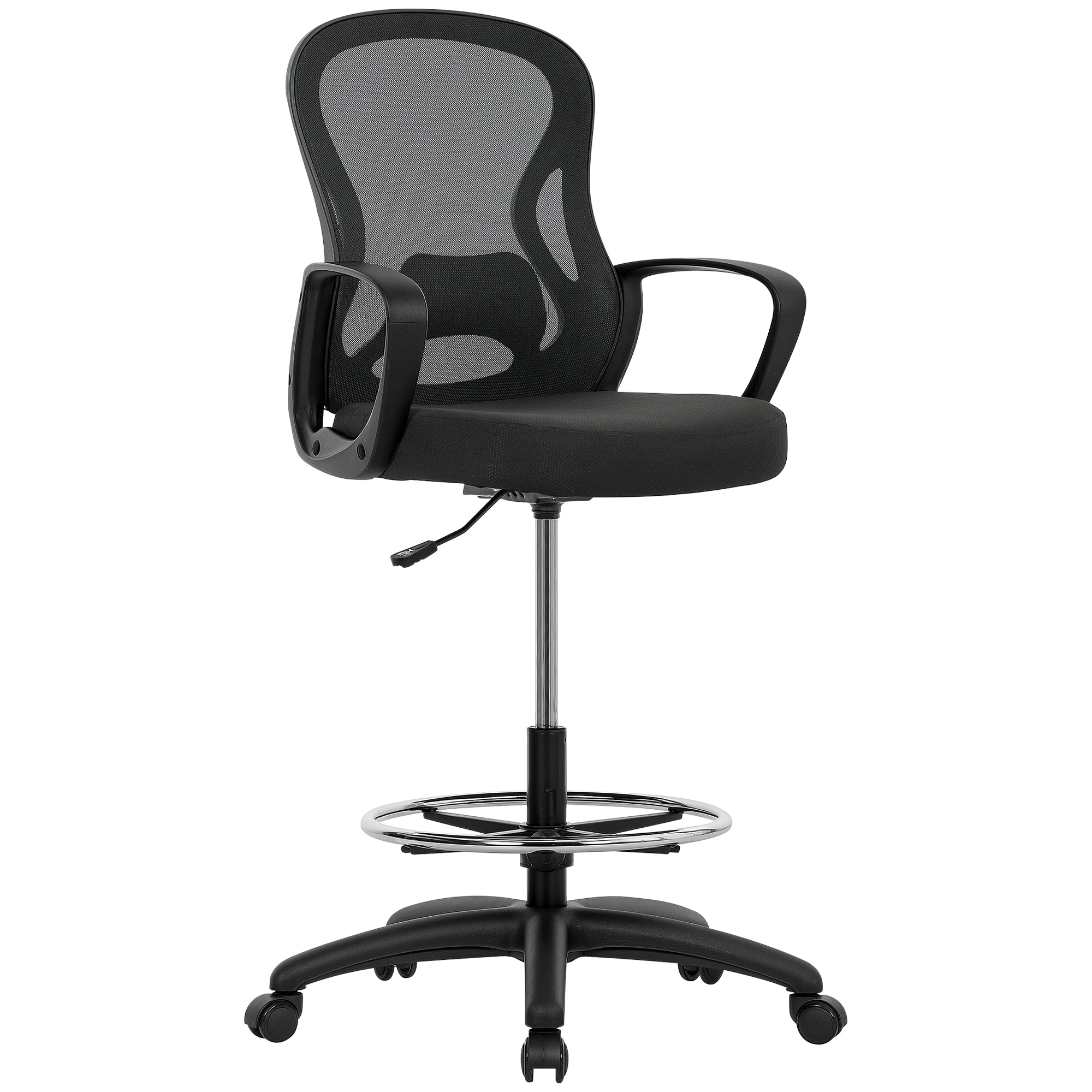 Vinsetto Drafting Chair with Adjustable Footrest, Ergonomic Mesh Office Chair with Lumbar Support, Adjustable Height for Standing Desk, Black