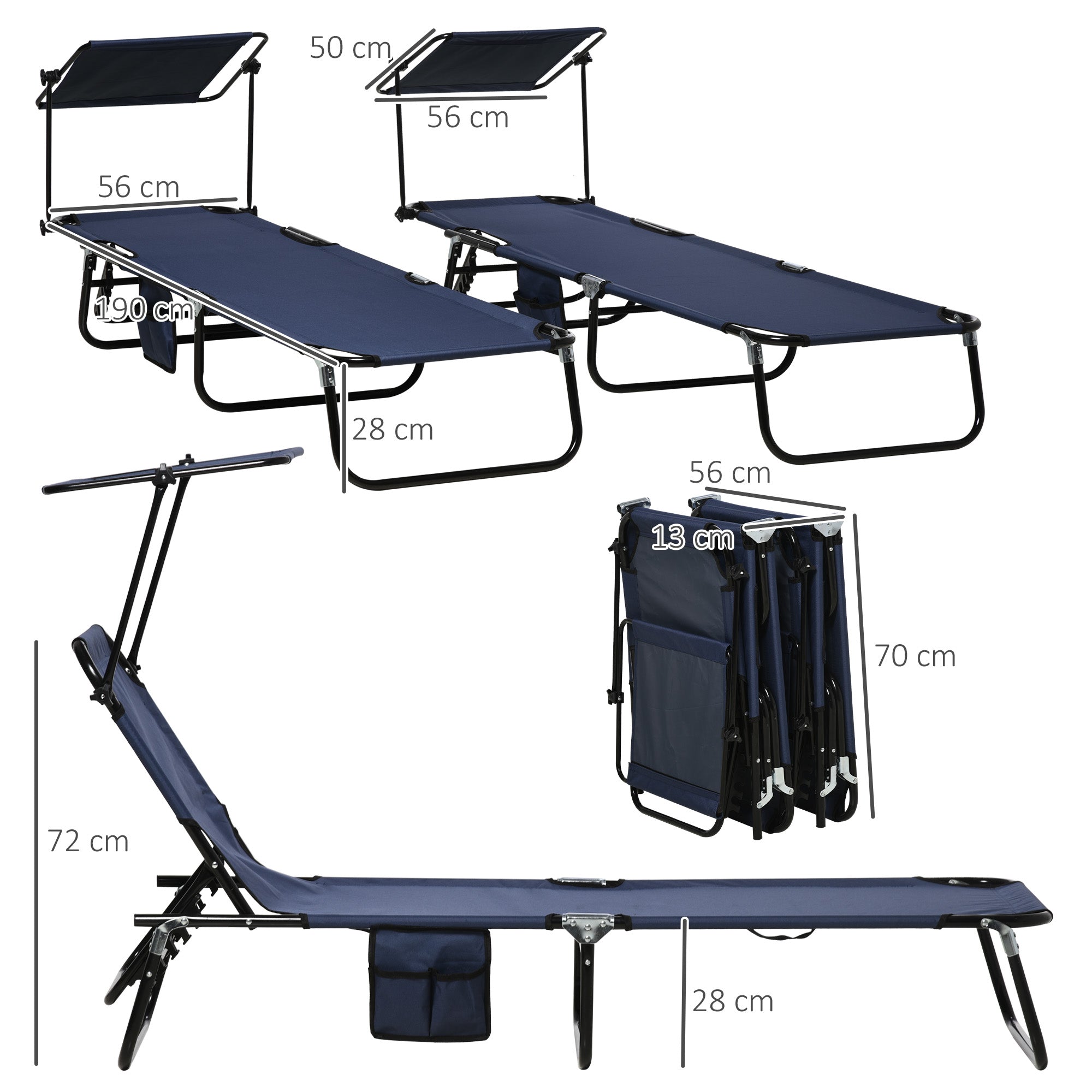 Outsunny Set of Two Folding Sun Loungers, with Adjustable Backs and Sun Canopies - Dark Blue