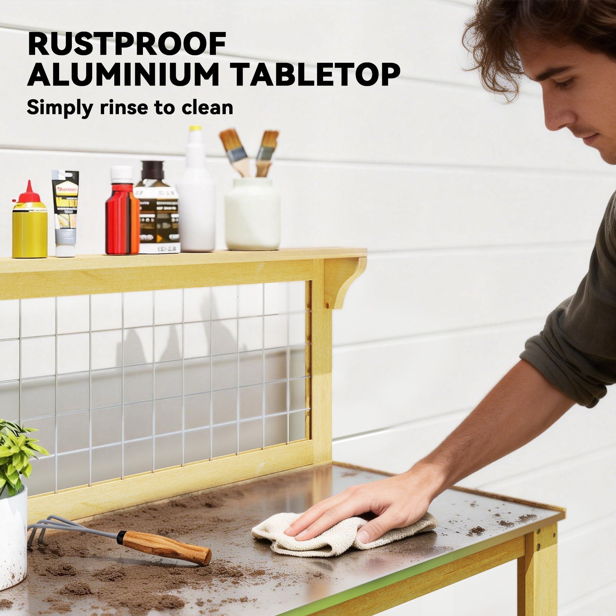 Outsunny Wooden Potting Bench Table with Aluminium Worktop, Outdoor Garden Workbench with 2 Shelves