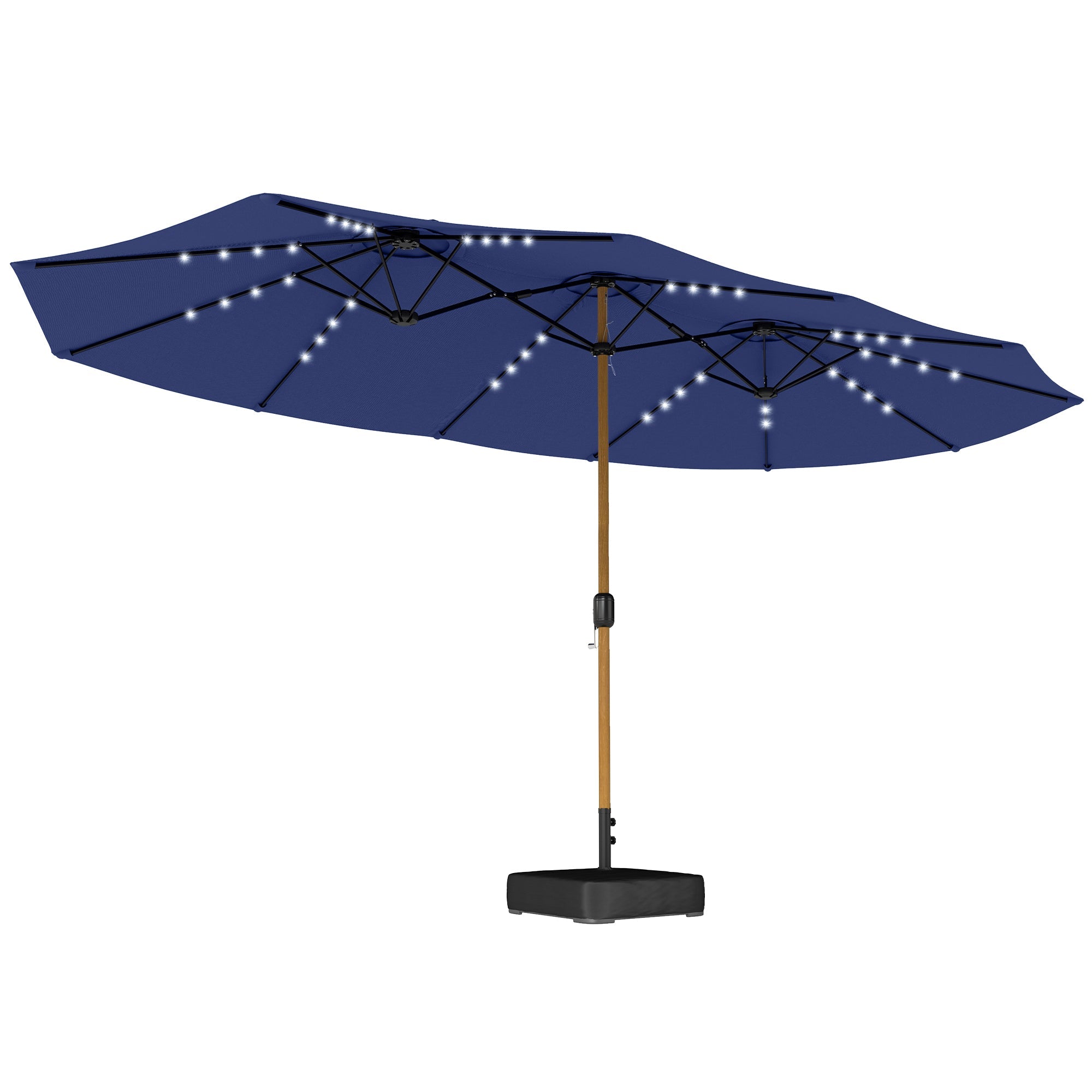 Outsunny Double Sided Garden Parasol with Base Included & 48 Solar LED Lights Patio Umbrella Crank Handle 4.6m Dark Blue