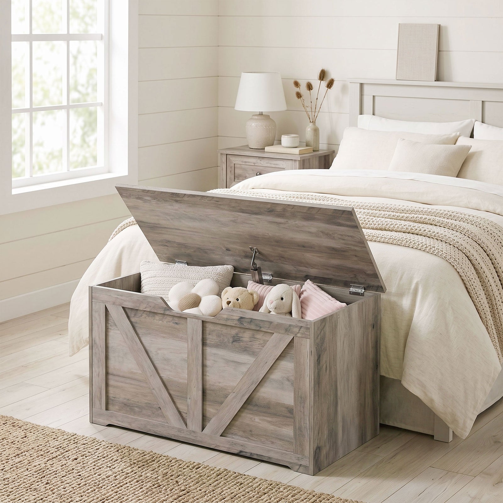 HOMCOM 100L Home Storage Box, with Safety Hinge - Grey Wood-Effect