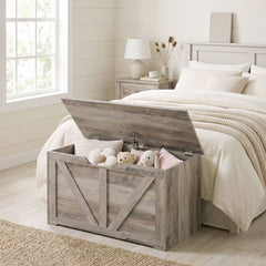 HOMCOM 100L Home Storage Box, with Safety Hinge - Grey Wood-Effect