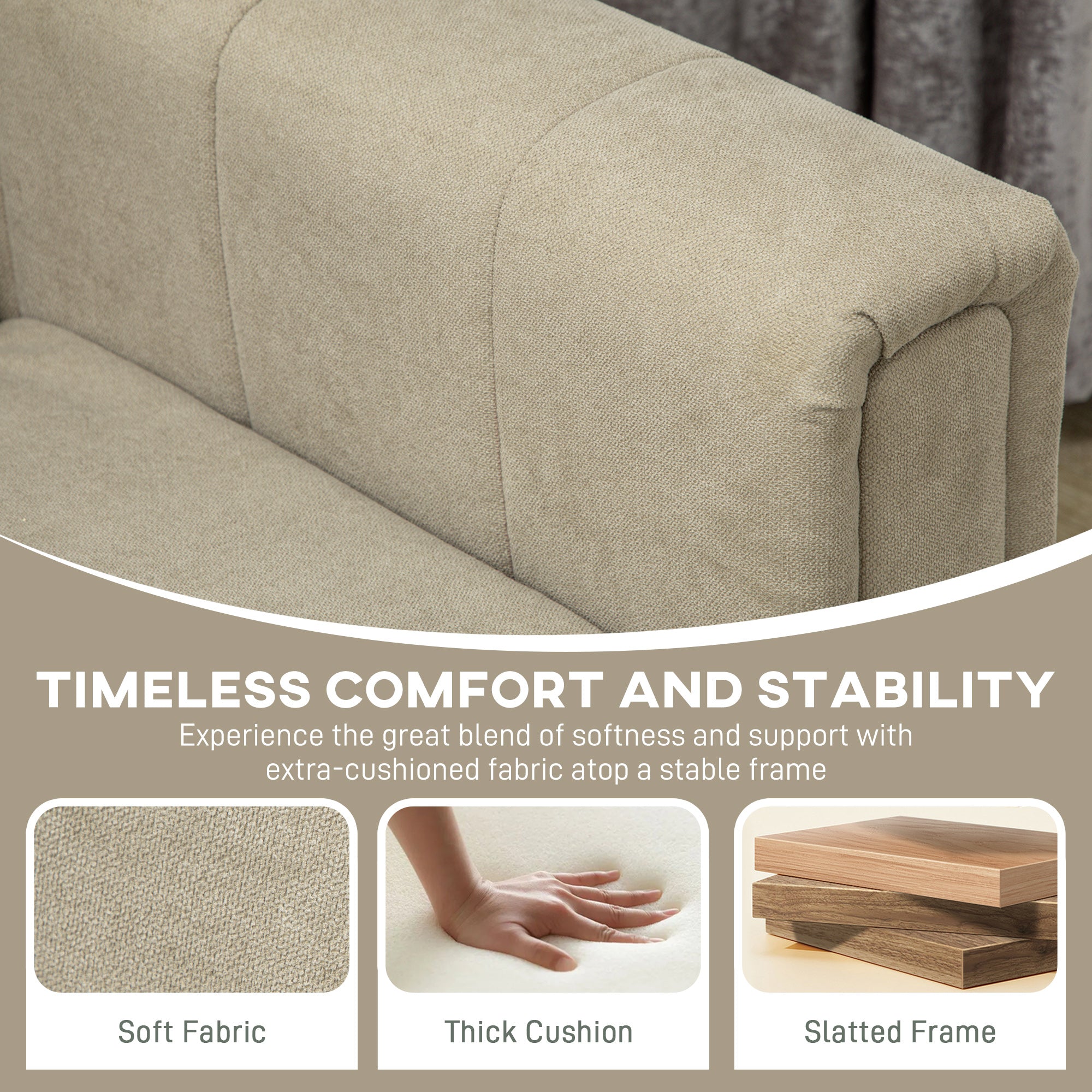 HOMCOM 3 Seater Sofa, Modern Fabric Sofa Couch, Channel Tufted Upholstered Sofa Settee for Living Room, Guest Room, Bedroom, Home Office, Khaki