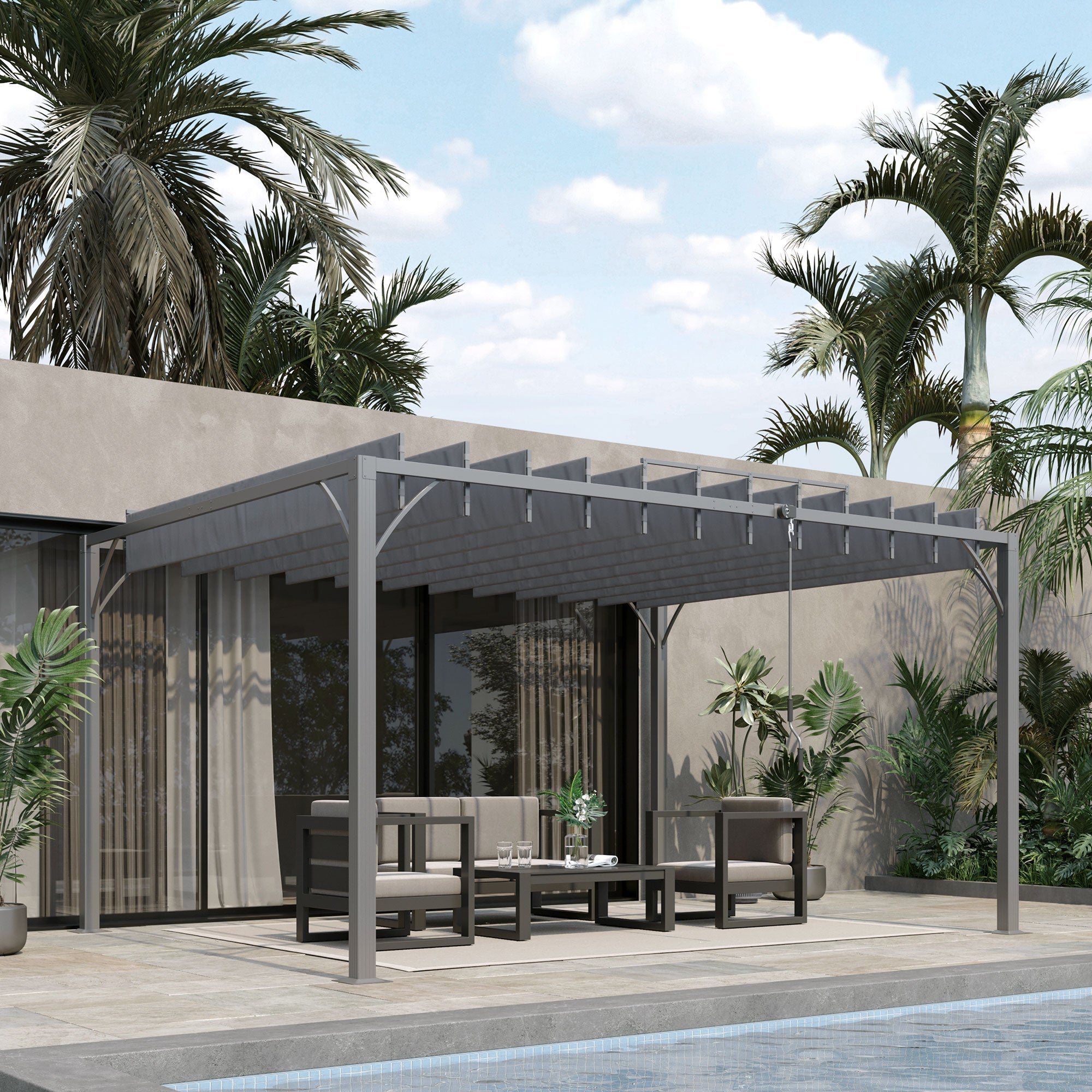 Outsunny 4 x 3(m) Outdoor Pergola with Retractable Roof, Aluminium Louvered Patio Gazebo Canopy for Lawn Garden Patio, Grey