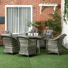 Outsunny Seven-Piece Rattan Dining Set with Tempered Glass Table Top and Parasol Hole - Grey