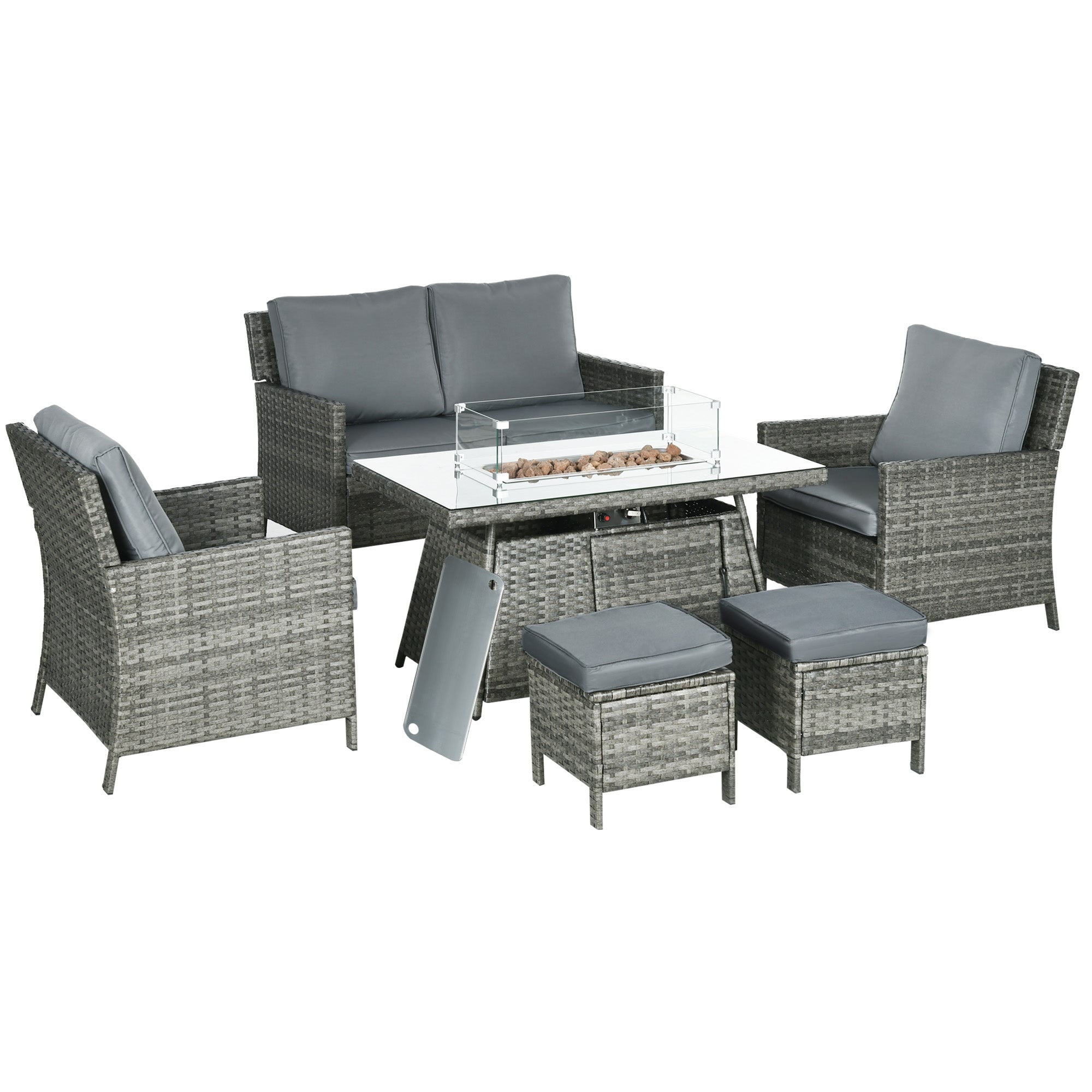 Outsunny 6 Seater Rattan Garden Furniture Set, Gas Fire Pit Table, Wicker Loveseat, 2 Armchairs and 2 Footstools, 6 Piece Patio Rattan furniture Sofa Sets with Cushions for Conservatory, Grey