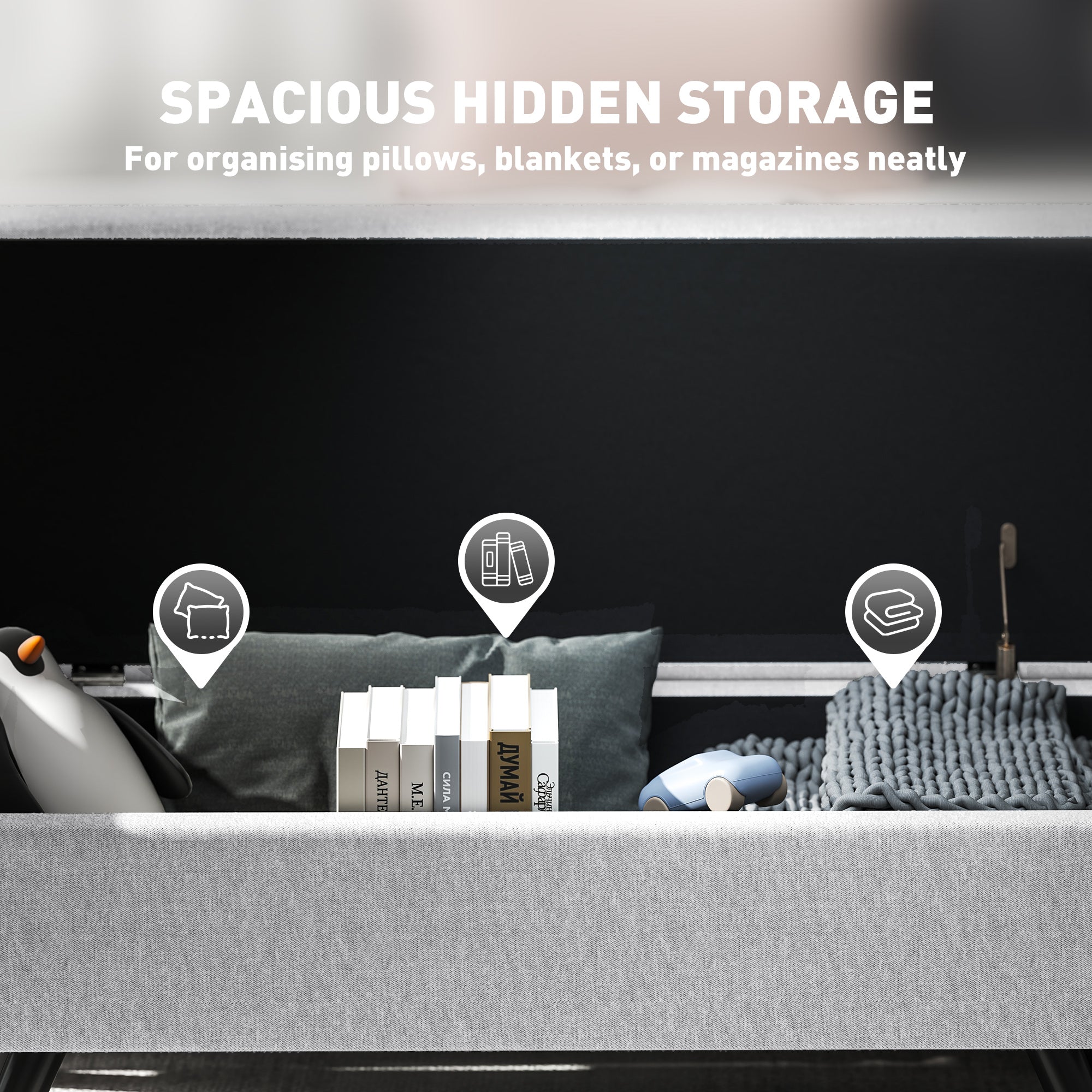 HOMCOM Storage Ottoman with Armrest, Upholstered Linen Storage Bench, Window Seat with Rubberwood Legs, Footstool for Bedroom Living Room, Hallway, Light Grey