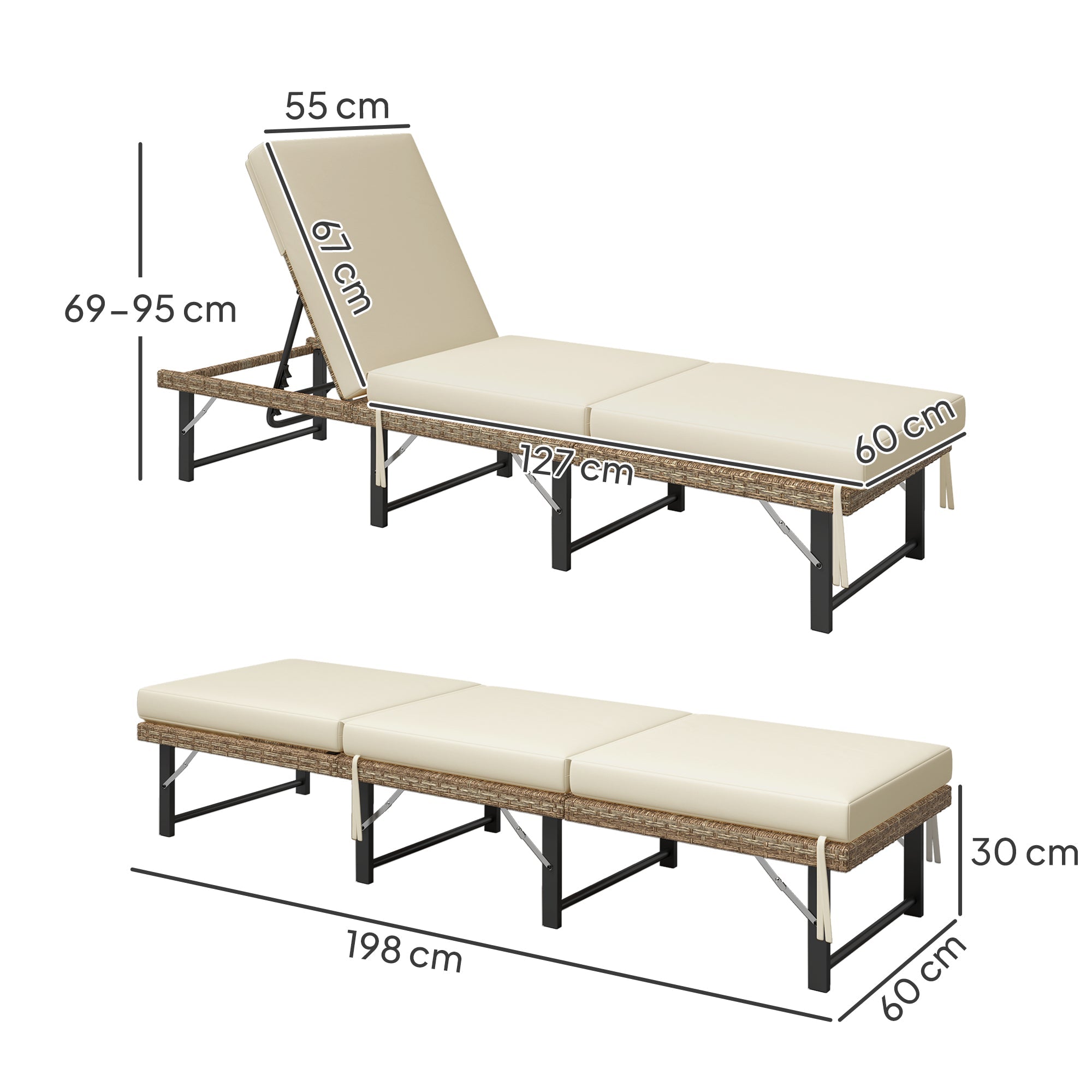 Outsunny Single Folding Rattan Sun Lounger, with Cushion - Grey