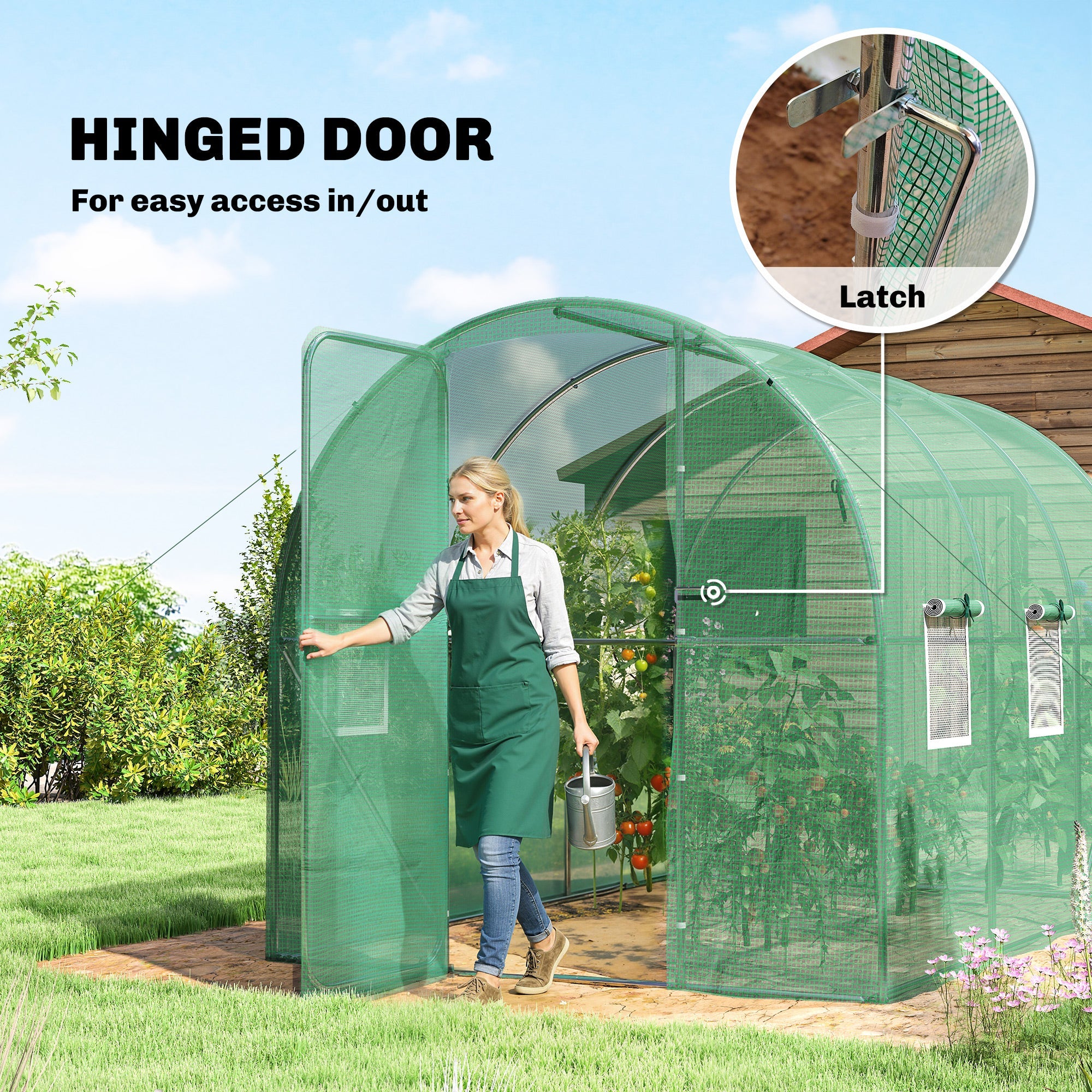 Outsunny 2 x 3 m Walk-in Polytunnel Greenhouse with Hinged Door and 6 Roll Up Mesh Windows, Garden Tunnel Warm House Tent, Green