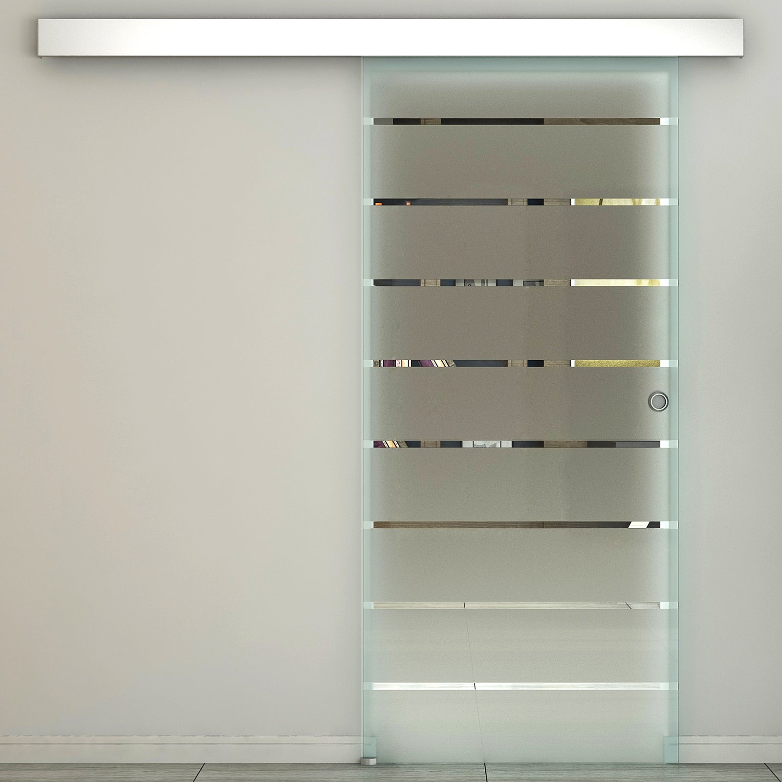 HOMCOM 90cm Sliding Glass Door with Hardware Track Kit, Frosted Tempered Glass with Stripe Pattern, Round Handle