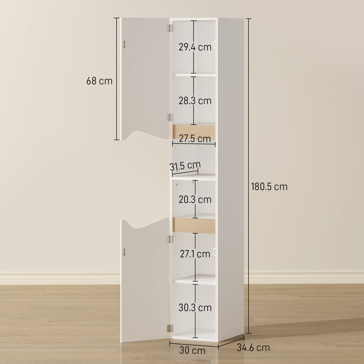 HOMCOM Tall Slim Bathroom Cabinet with 2 Doors, 2 Shelves - White