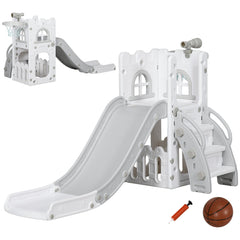 AIYAPLAY 4 in 1 Toddler Slide with Basketball Hoop, Climber, Telescope, Storage Basket, for Ages 1-3 Years, Grey