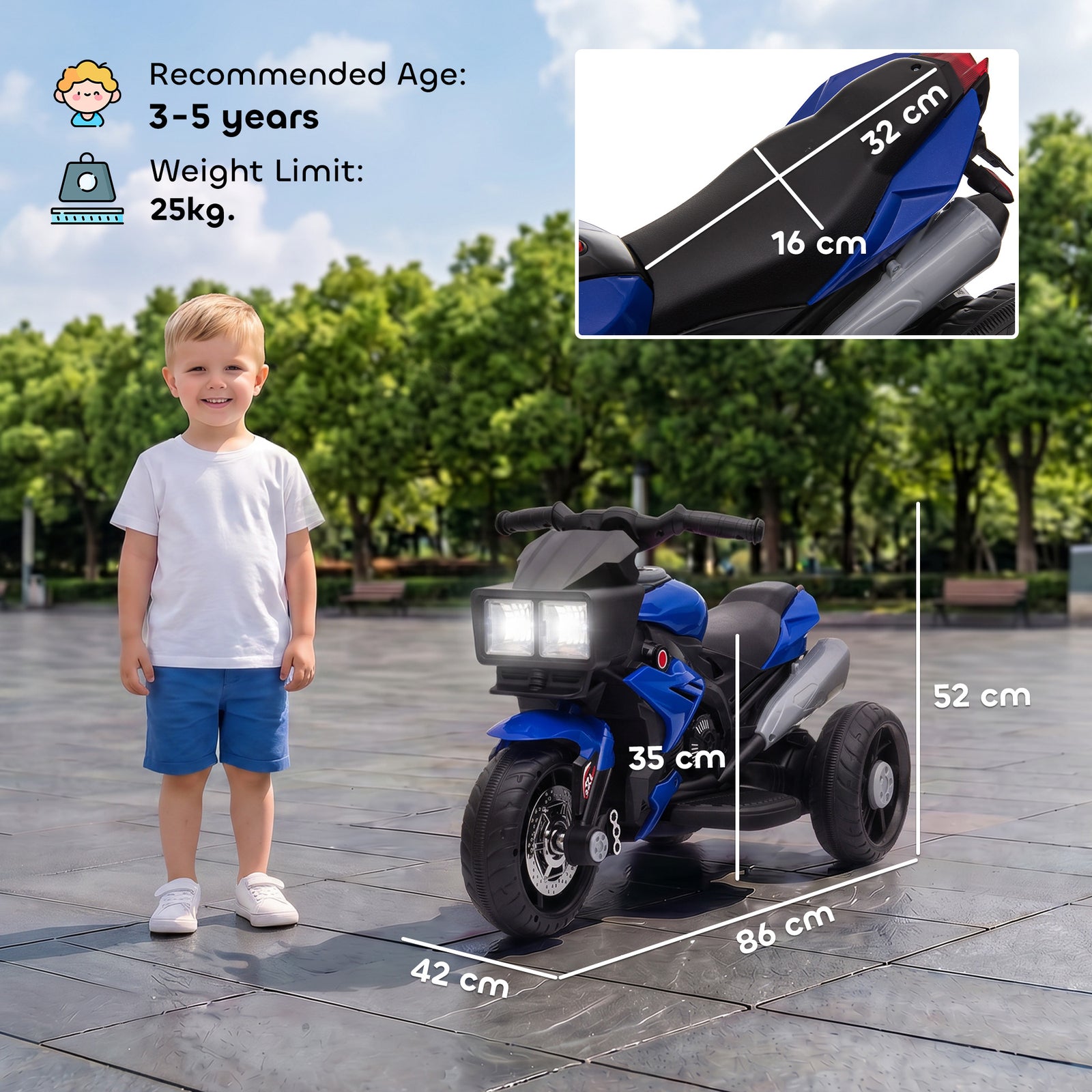 AIYAPLAY Kids Electric Motorcycle Ride-On Toy, 3-Wheel Battery-Operated Motorbike with Horn, Toddler Ride On Bike, Blue
