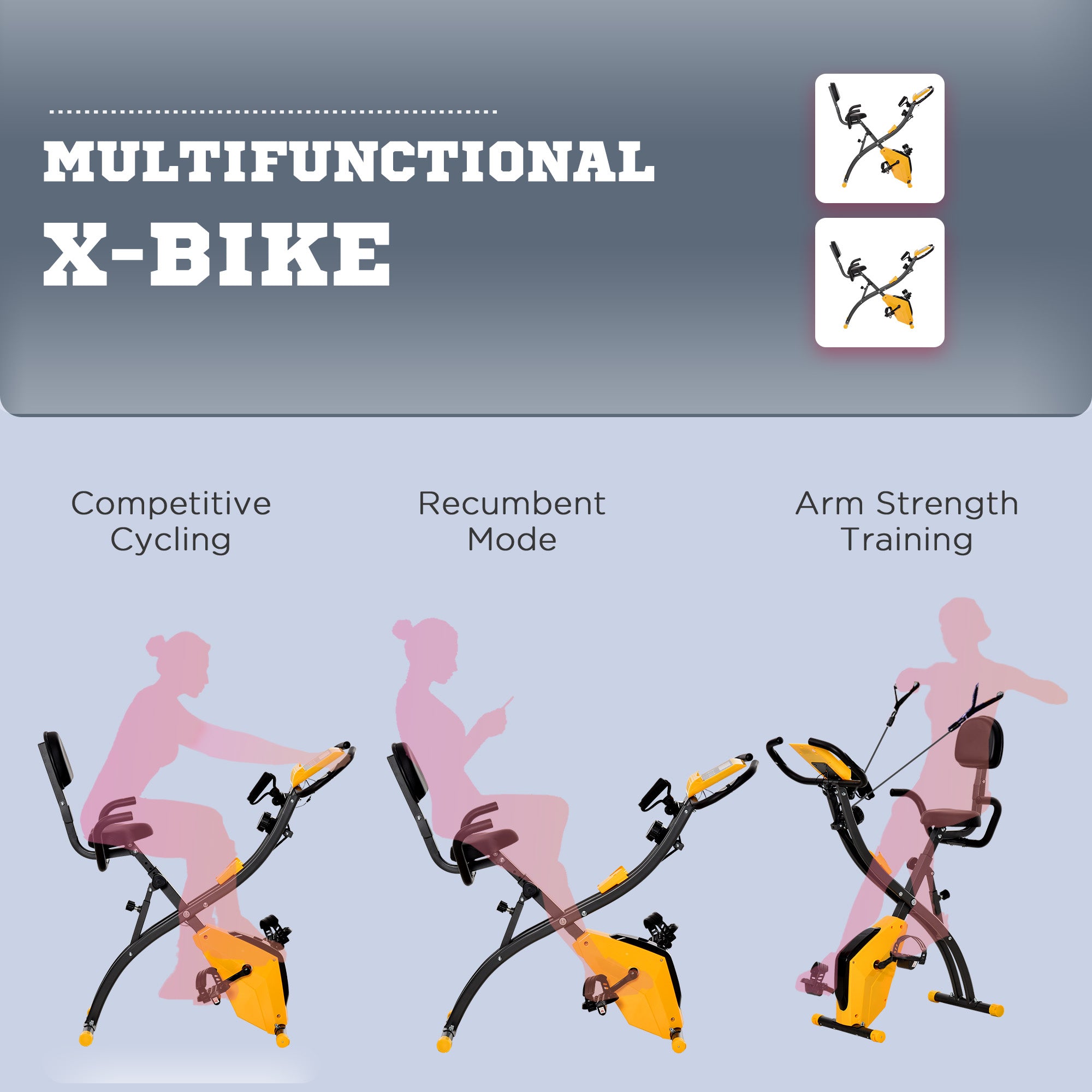 HOMCOM 2-in-1 Folding Exercise Bike with 8-Level Magnetic Resistance, Arm Resistance Band, Pulse Sensor, Yellow