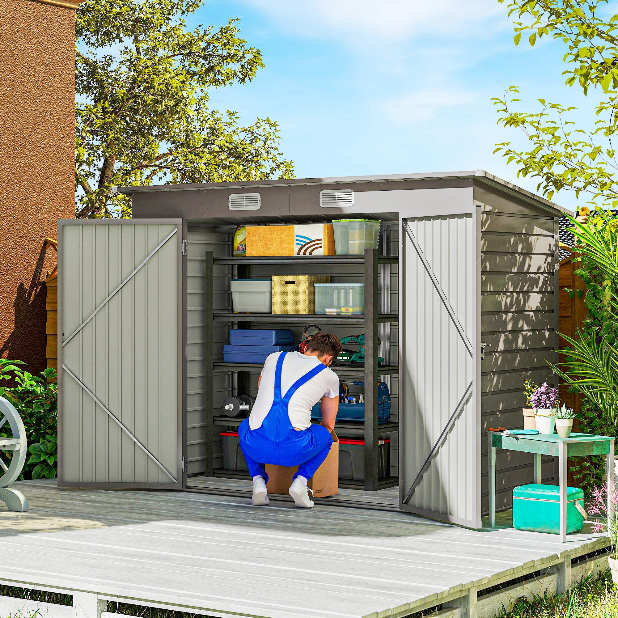 Outsunny 3.7 x 7.9ft Galvanised Steel Shed, with Latched Door and Padlock - Light Grey