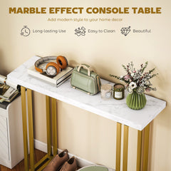 HOMCOM 100 cm Console Table with Faux Marble Top, Narrow Entryway Table with Anti-tipping Device, White