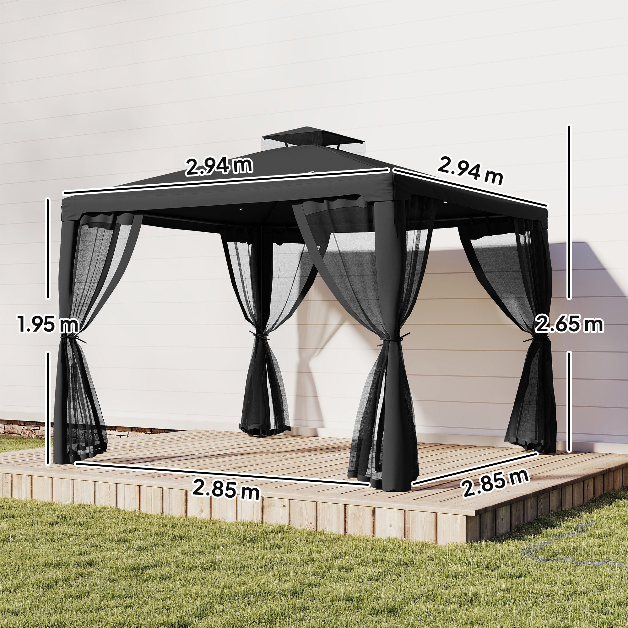 Outsunny 3 x 3 m Metal Gazebo, Garden Pavillion, DoubleÂ Roof Outdoor Canopy Shelter with Mesh Sidewalls, Black