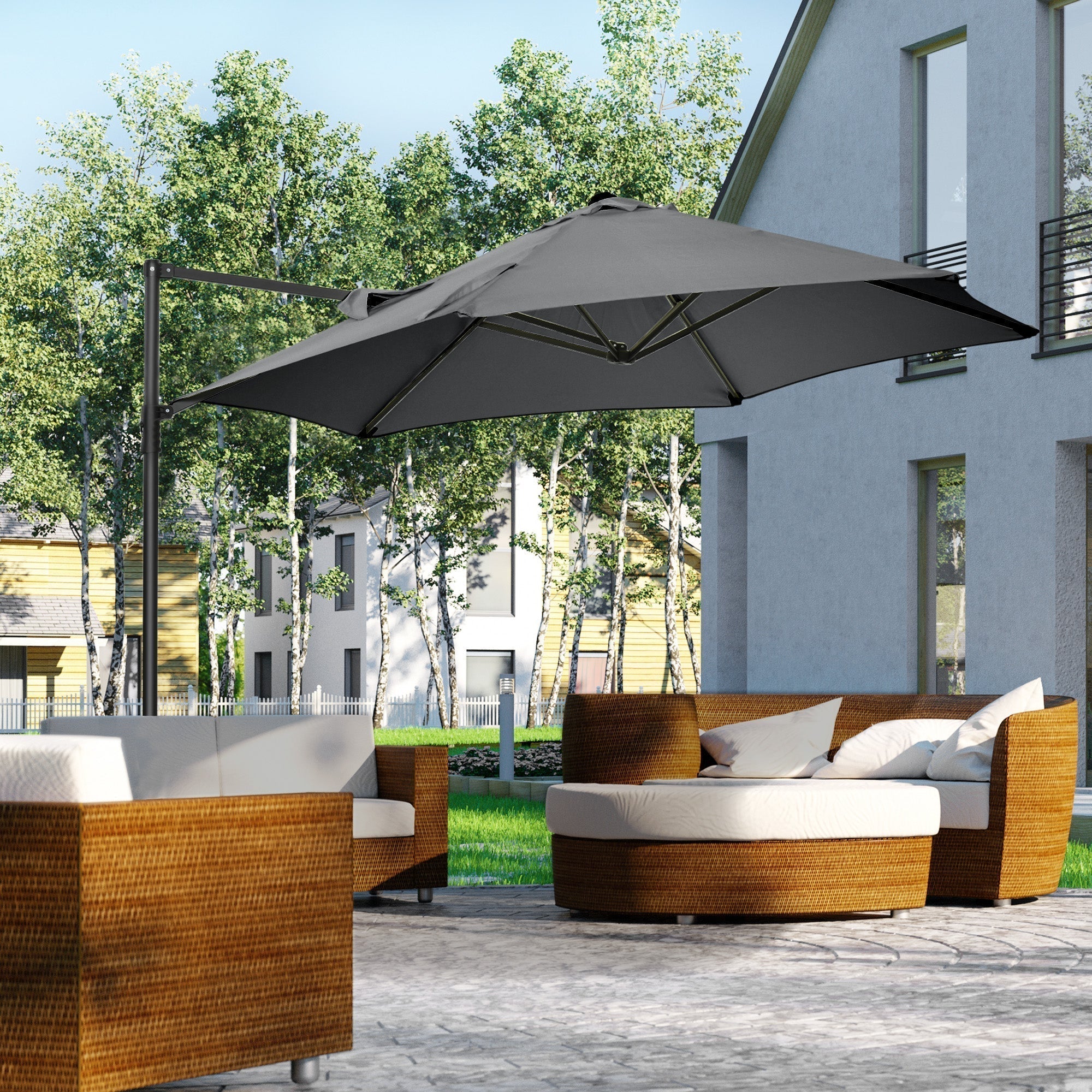 Outsunny 2.5M Garden Cantilever Parasol, Offset Roma Patio Umbrella Hanging Sun Shade Canopy Shelter with 360 Rotation and Cross Base, Dark Grey