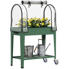Outsunny Raised Planter with Greenhouse Cover, Mobile Elevated Garden Bed with Wheels and Bottom Shelf for Vegetables, Green