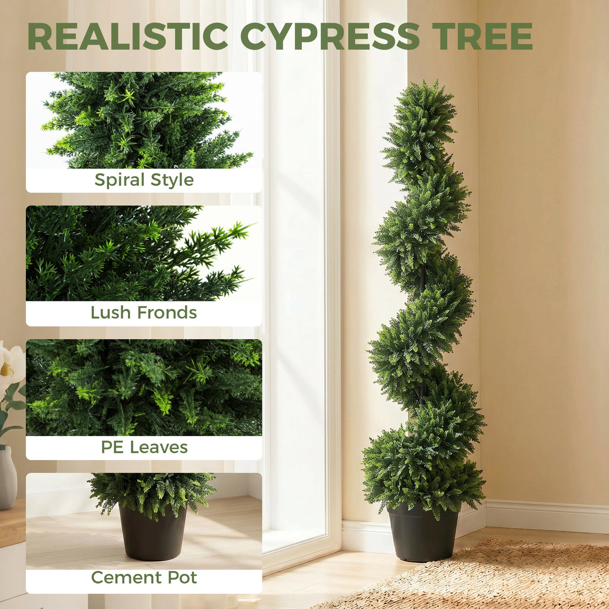 HOMCOM Set of 2 Artificial Spiral Cypress Trees, Fake Plants with 700 Leaves, UV Protection, Deep Green