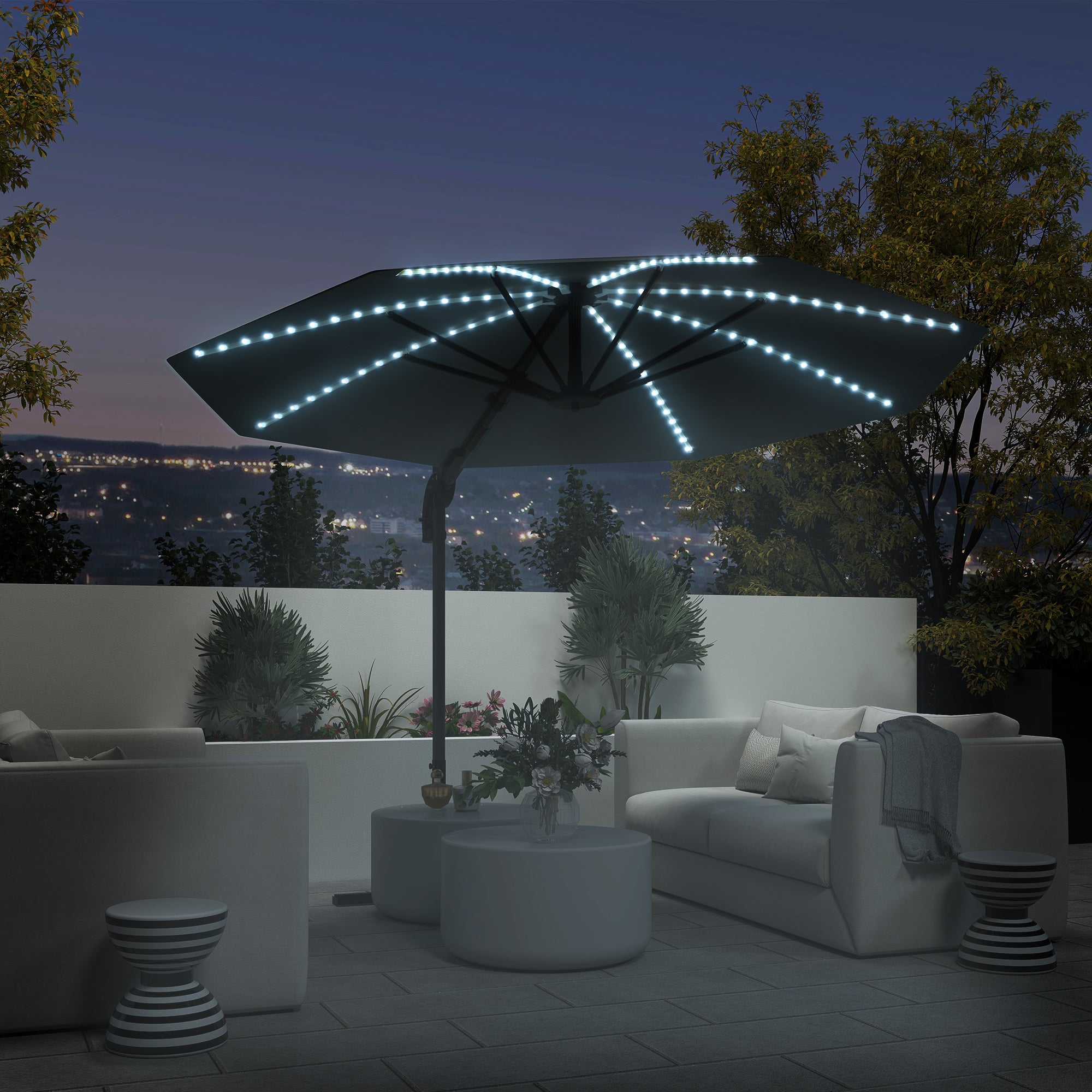 Outsunny 3(m) Cantilever Garden Parasol with Solar Powered Lights, Crank Handle & Cross Base, UPF 50+, 360√Ç¬∞ Rotation, Dark Grey
