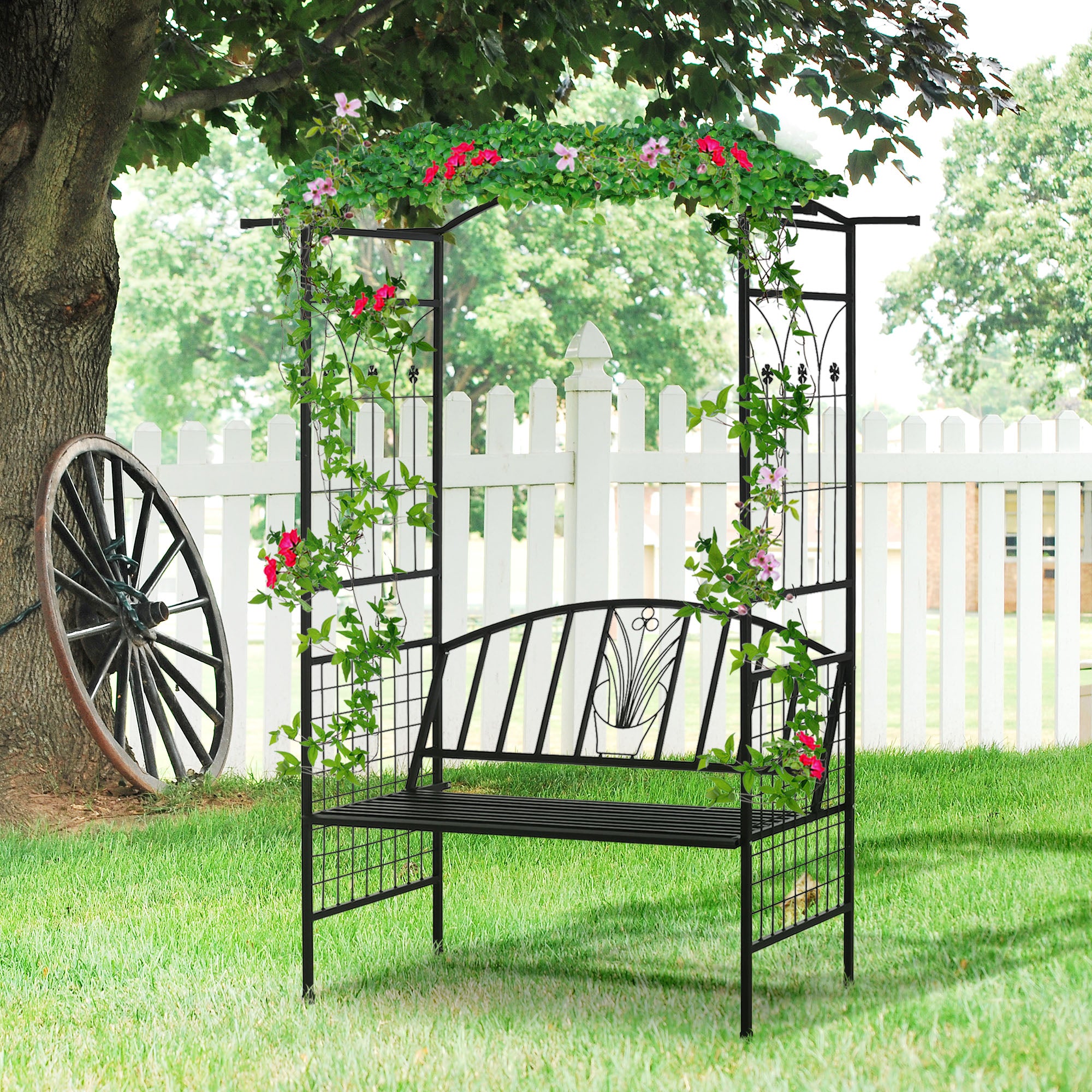 Outsunny Steel Frame Outdoor Garden Arch w/ 2-Seater Bench Flower Climber Black