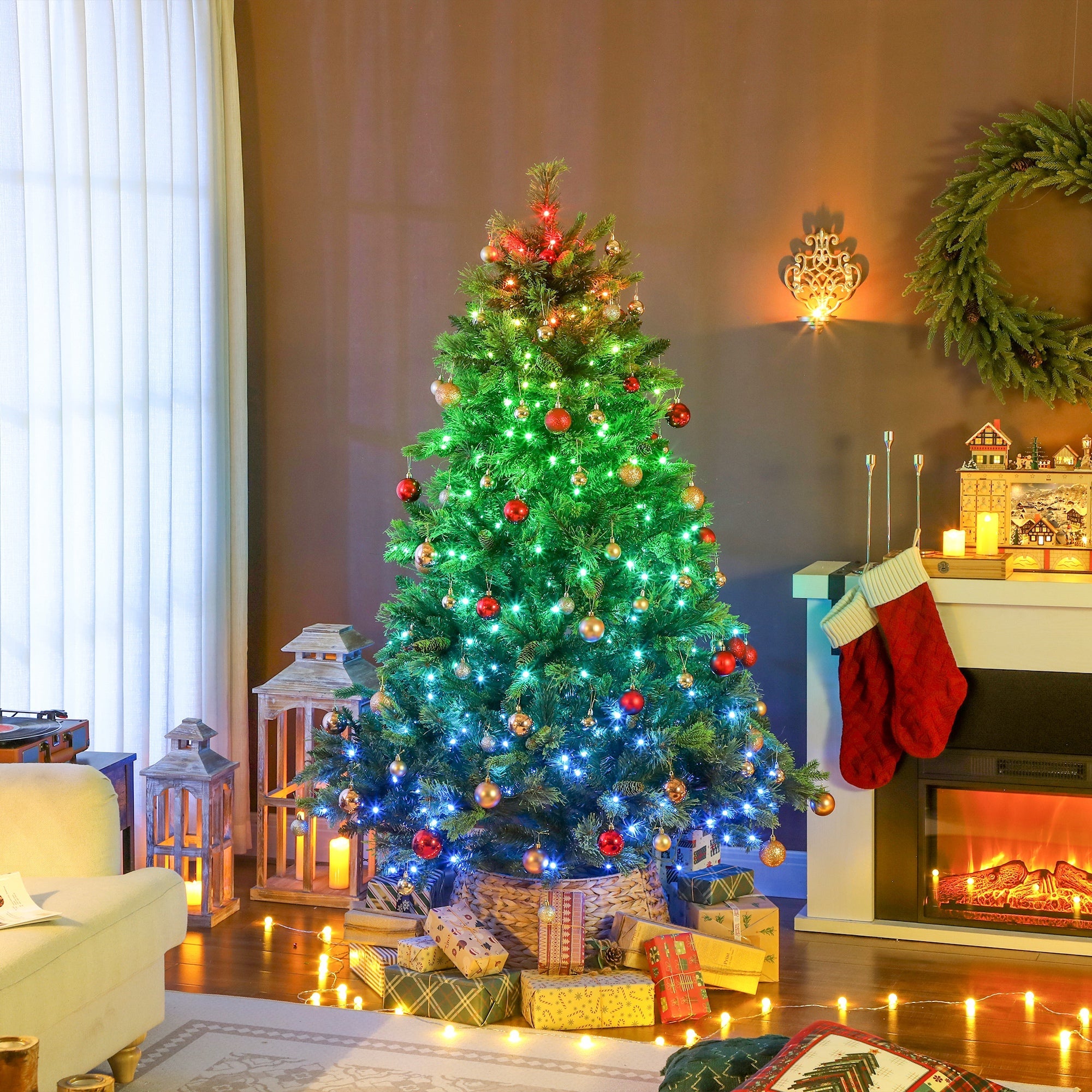 HOMCOM 7ft Artificial Pine LED Christmas Tree, with Remote