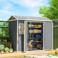 Outsunny 8 x 4 ft Plastic Garden Shed, Wood-Effect Outdoor Storage Shed with Floor, Windows, Lockable Doors and Vents, Light Grey