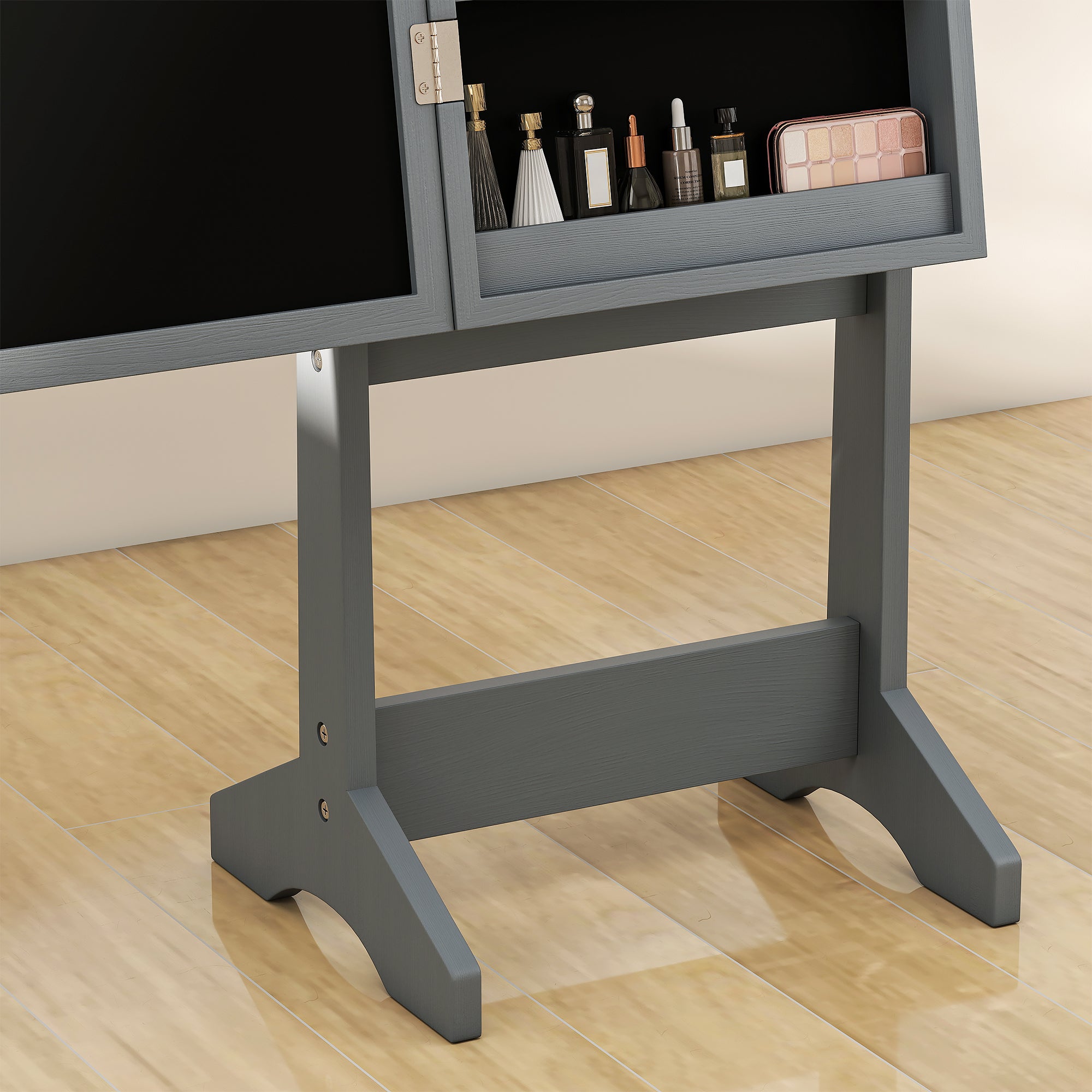 HOMCOM Freestanding Mirror Jewelry Cabinet with LED Lights, Jewellery Organiser with 3 Angle Adjustable, Full-Length Mirror with Storage for Earrings, Necklaces, Rings and Lipsticks, Grey