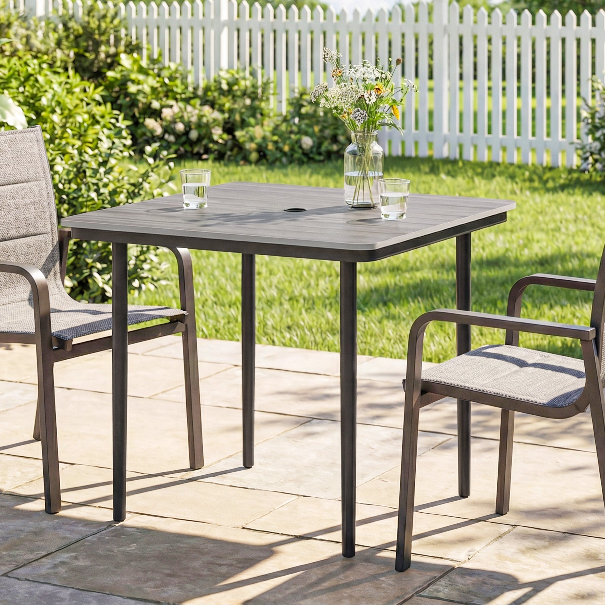 Outsunny Garden Dining Table for 4, 85 cm Square Outdoor Table with Umbrella Hole, Faux Wood Top, Metal Legs, Light Grey