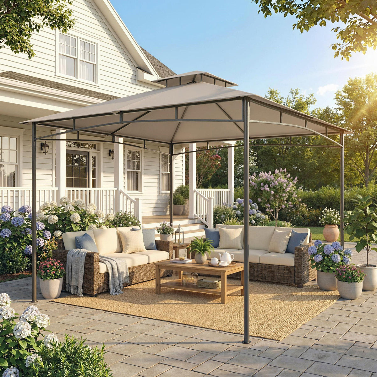 Outsunny 3 x 3 m Gazebo, Garden Gazebo with 2-Tier Roof, Metal Frame, Khaki
