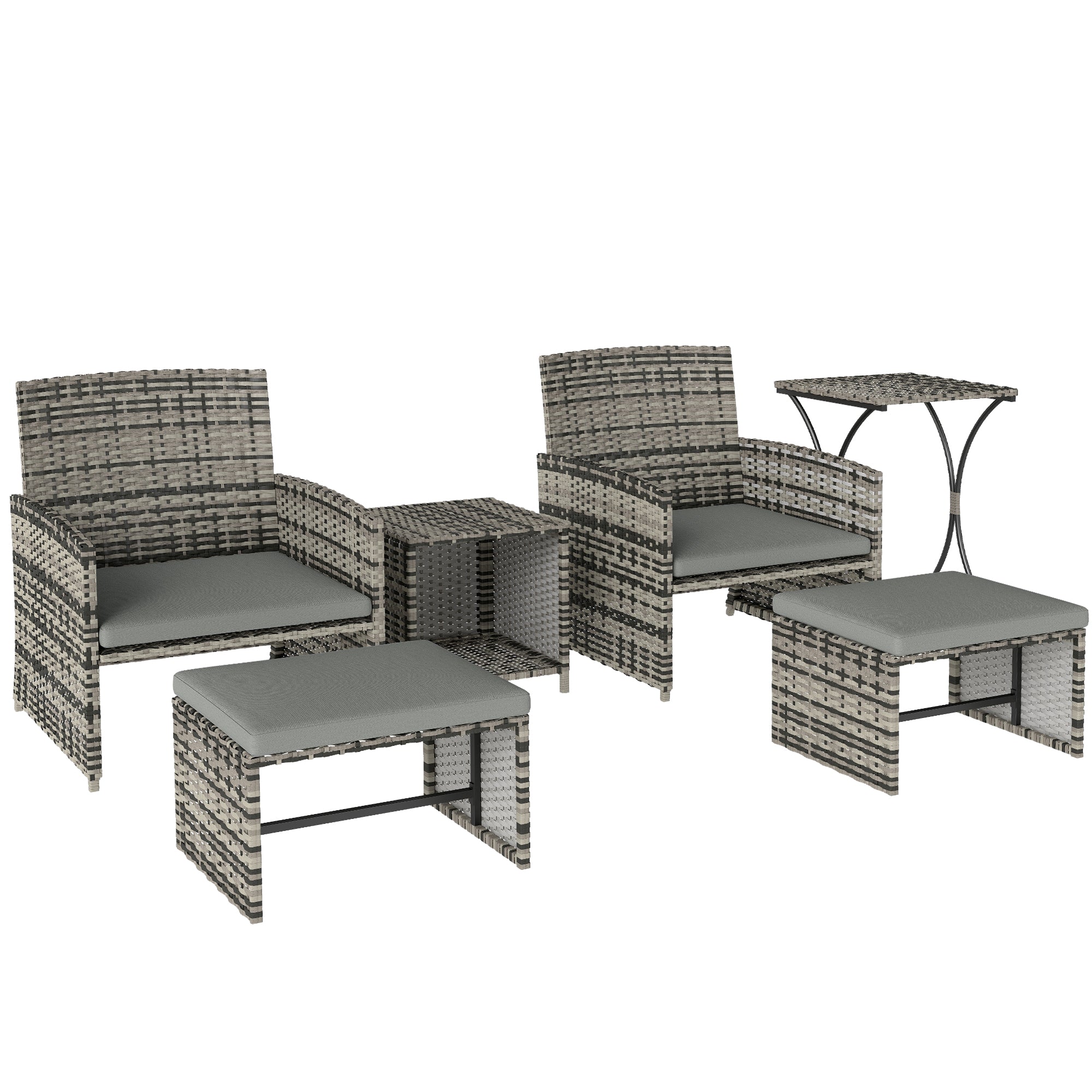 Outsunny 6 Piece Rattan Garden Furniture, Space-Saving Patio Furniture Set with Nesting Tables, Chairs, Stools, Cushions, Grey