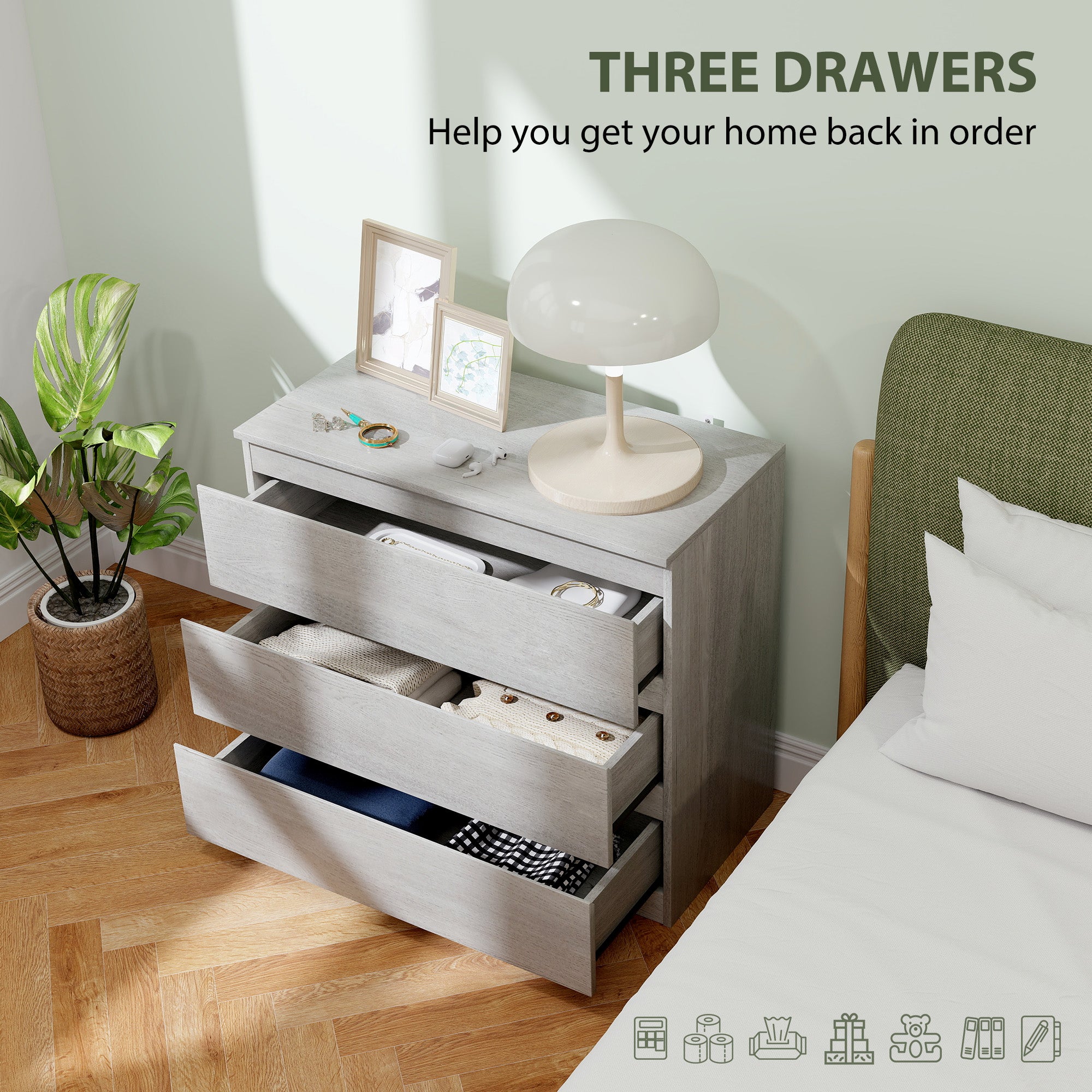 HOMCOM Chest of Three Drawers - Grey Wood Effect