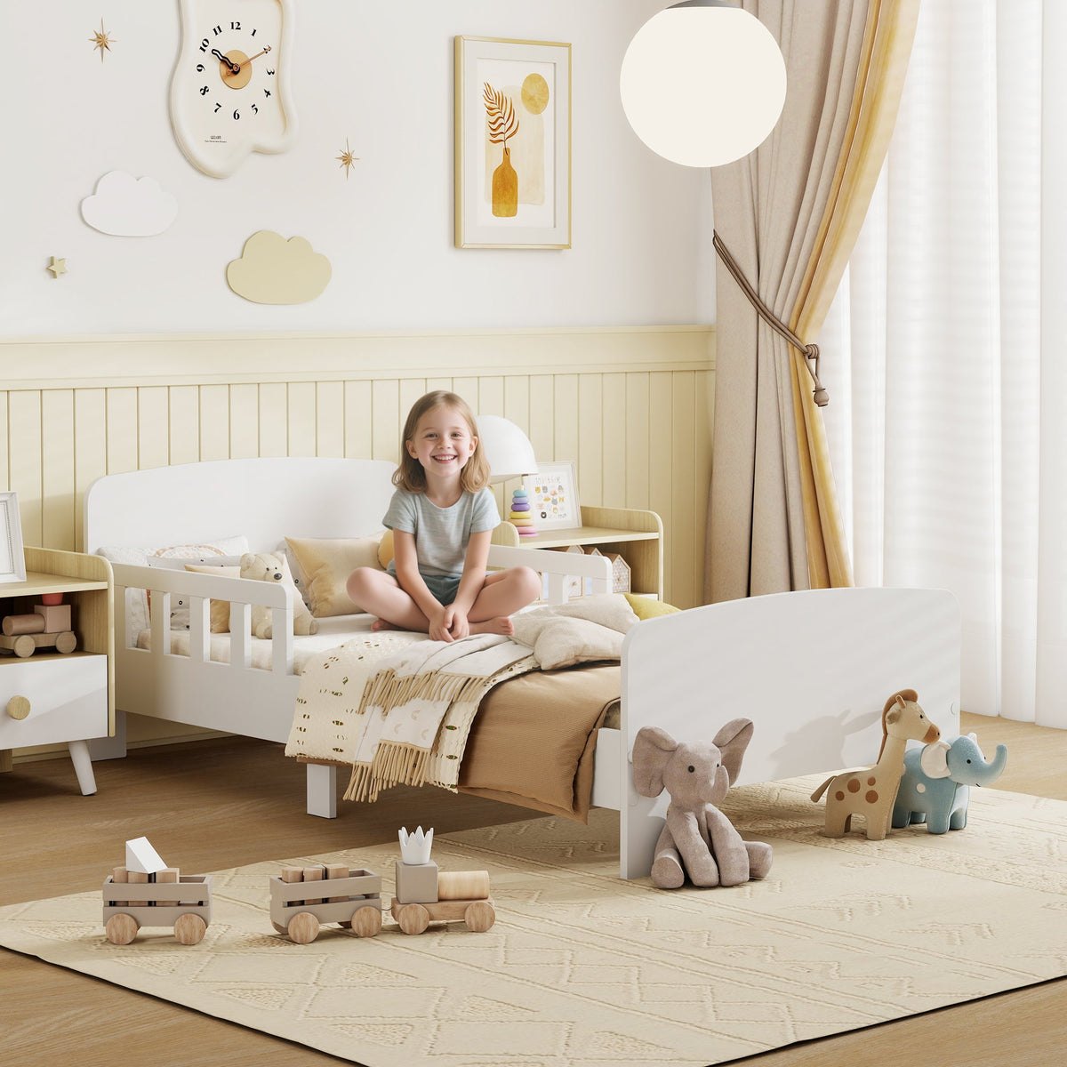 AIYAPLAY Toddler Bed, Kids Bed Frame with Safety Side Rails, Kids Bedroom Furniture for Ages 3-8 Years, White