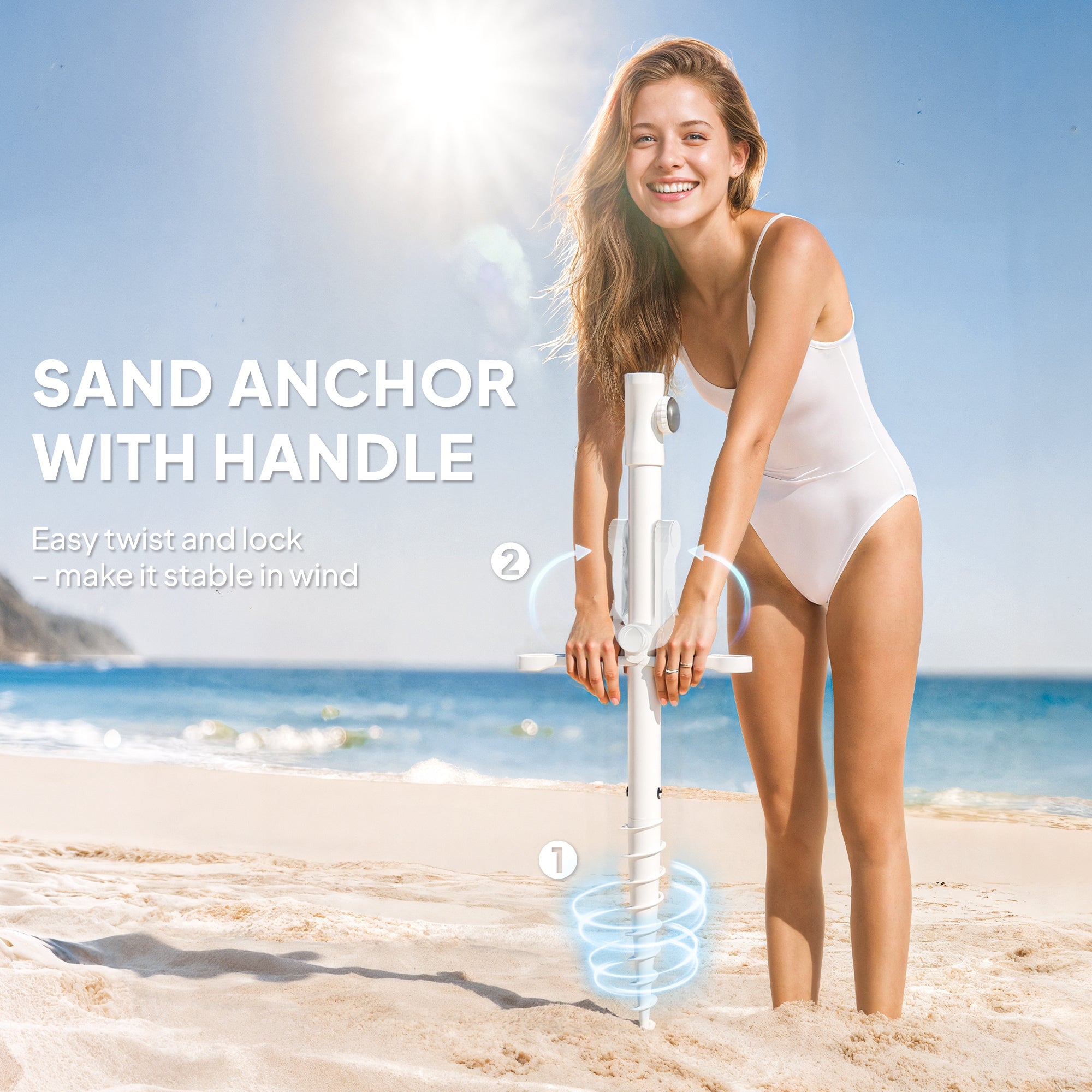 Outsunny Beach Umbrella Portable with Sand Anchor, Carry Bag, Adjustable Height & Tilt, UPF50+ UV Protection, Grey