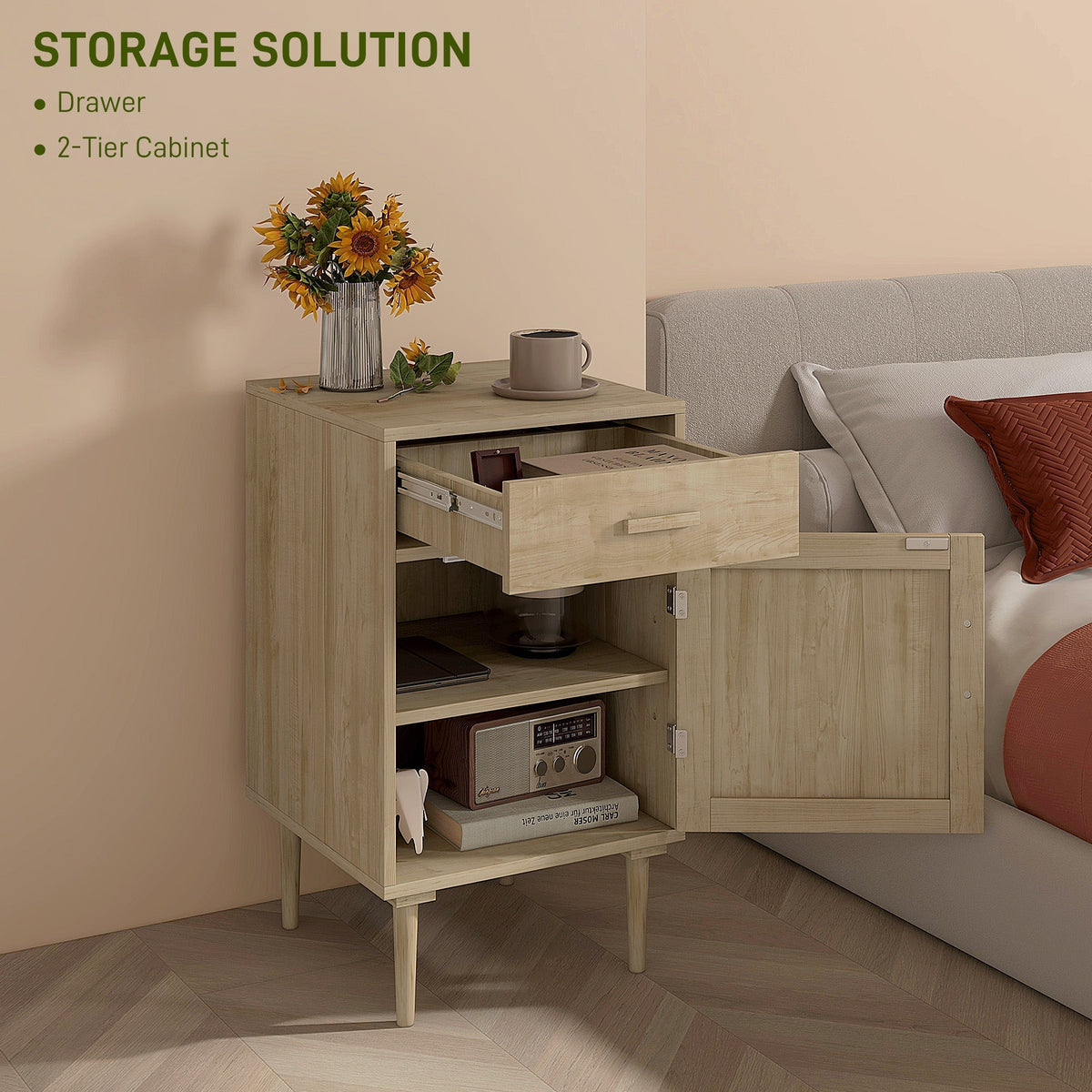 HOMCOM Bedside Table, Rattan Side Tables with Drawer, Cabinet and Adjustable Shelf, Boho Bedside Cabinet with Storage for Bedroom, Living Room, Natural Wood Effect