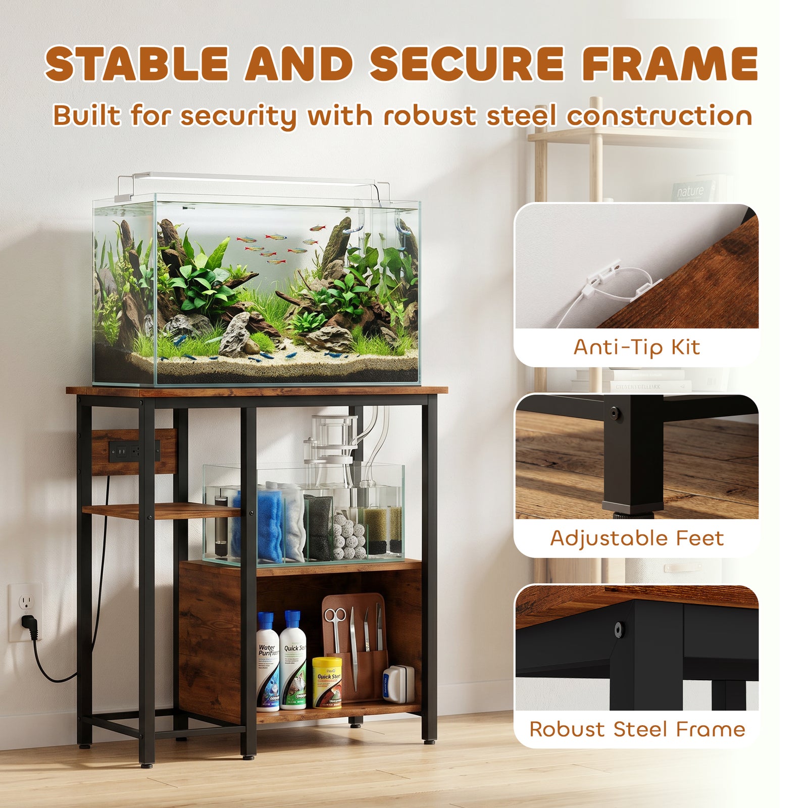 PawHut Fish Tank Stand with Power Outlets Aquarium Stand with Cabinet 20-29 Gallon Tanks Tiger Wood Grain